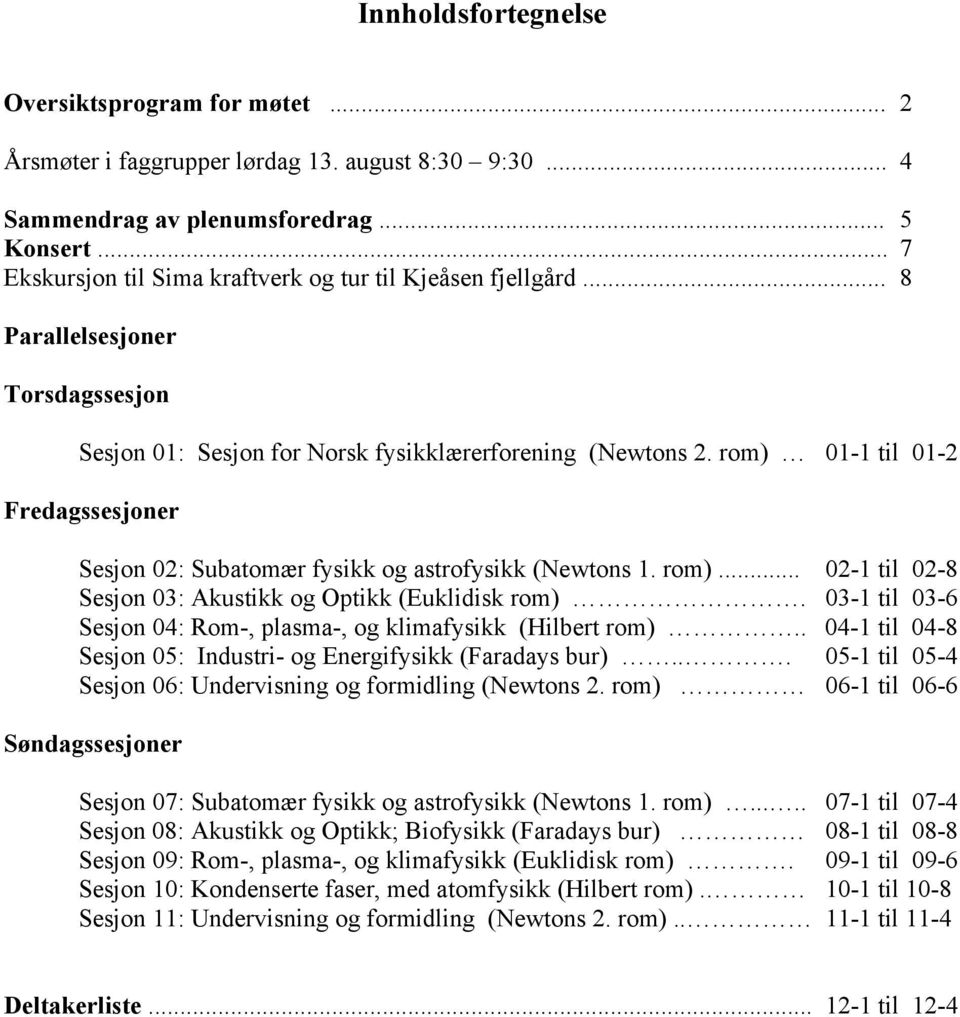 rom) 01-1 til 01-2 Fredagssesjoner Sesjon 02: Subatomær fysikk og astrofysikk (Newtons 1. rom)... 02-1 til 02-8 Sesjon 03: Akustikk og Optikk (Euklidisk rom).