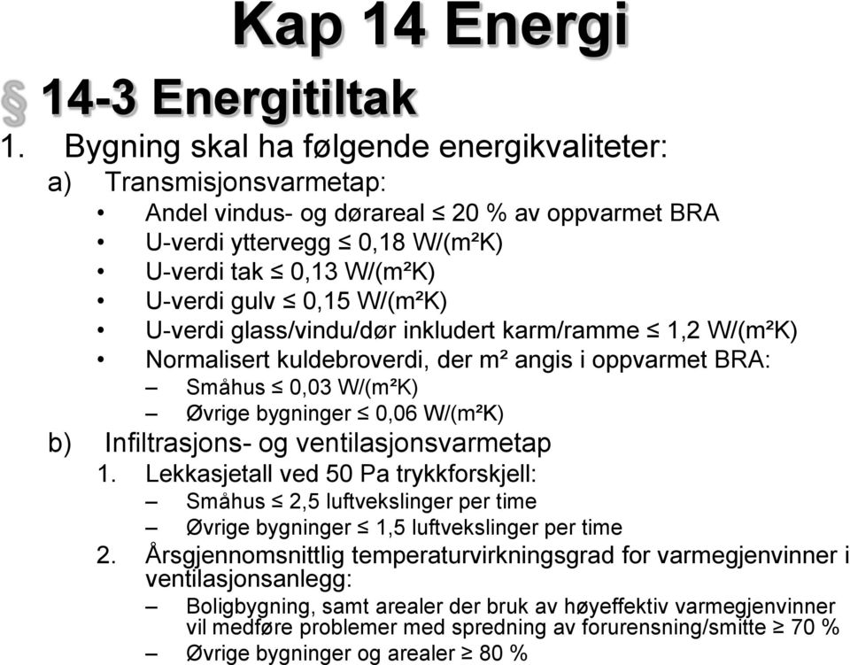 U-verdi glass/vindu/dør inkludert karm/ramme 1,2 W/(m²K) Normalisert kuldebroverdi, der m² angis i oppvarmet BRA: Småhus 0,03 W/(m²K) Øvrige bygninger 0,06 W/(m²K) b) Infiltrasjons- og