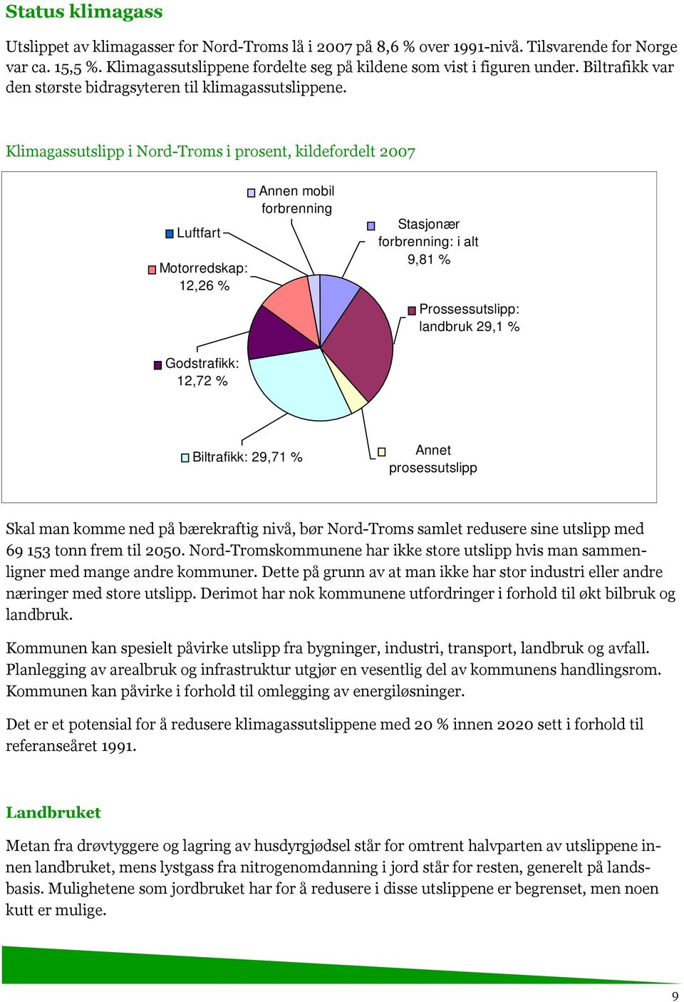 Klimagassutslipp i Nord-Troms i prosent, kildefordelt 2007 Luftfart Motorredskap: 12,26 % Annen mobil forbrenning Stasjonær forbrenning: i alt 9,81 % Prossessutslipp: landbruk 29,1 % Godstrafikk: