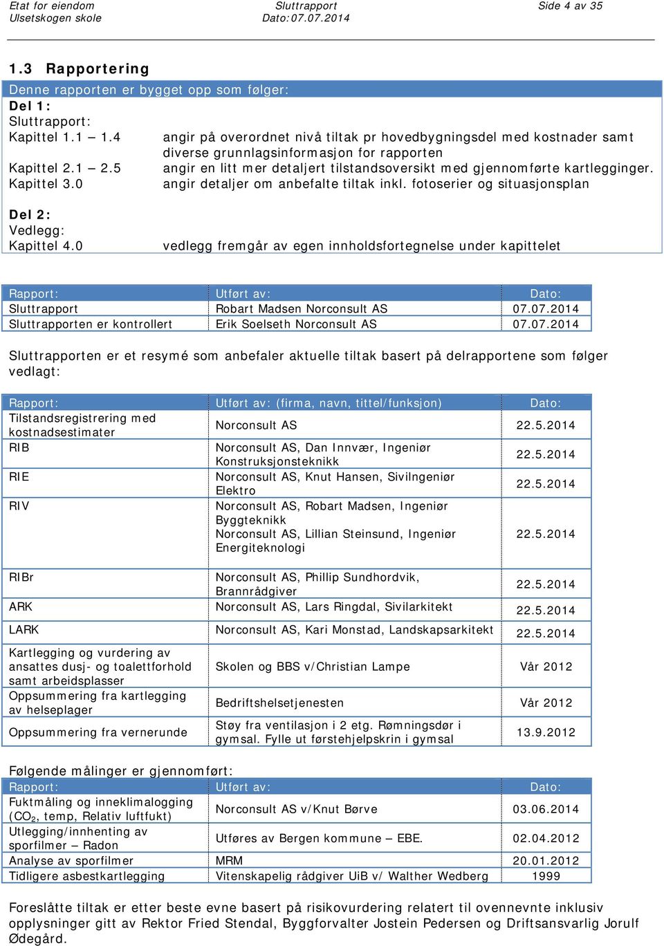 5 angir en litt mer detaljert tilstandsoversikt med gjennomførte kartlegginger. Kapittel 3.0 angir detaljer om anbefalte tiltak inkl. fotoserier og situasjonsplan Del 2: Vedlegg: Kapittel 4.