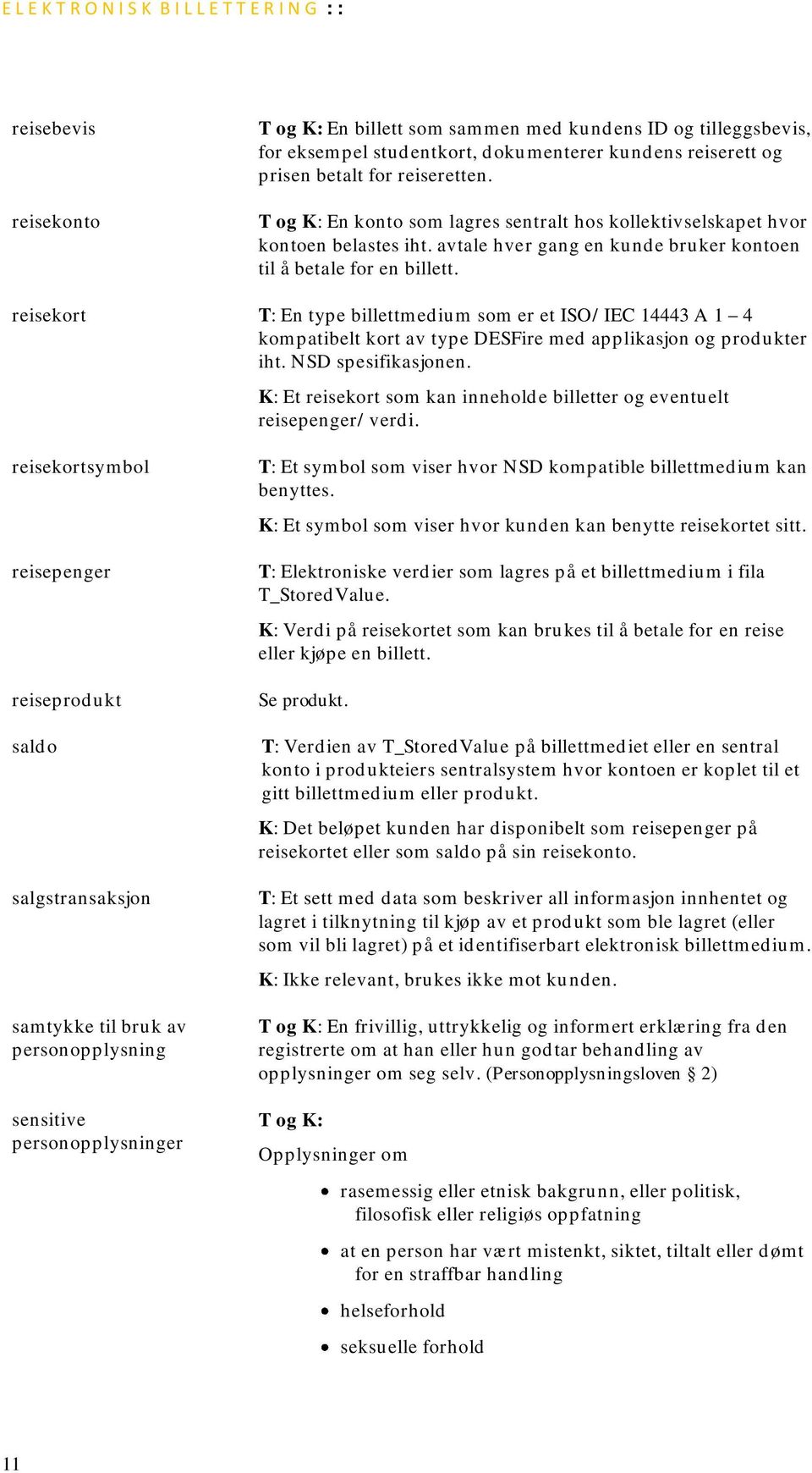 reisekort T: En type billettmedium som er et ISO/ IEC 14443 A 1 4 kompatibelt kort av type DESFire med applikasjon og produkter iht. NSD spesifikasjonen.