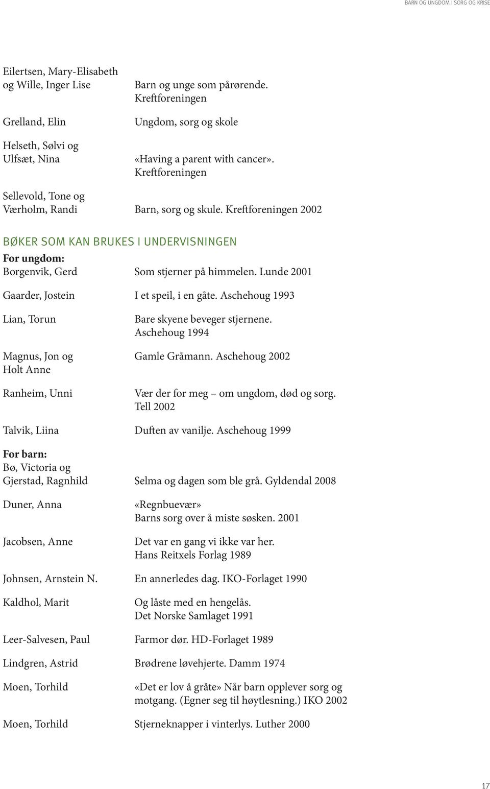 Kreftforeningen 2002 BØKER SOM KAN BRUKES I UNDERVISNINGEN For ungdom: Borgenvik, Gerd Som stjerner på himmelen. Lunde 2001 Gaarder, Jostein I et speil, i en gåte.