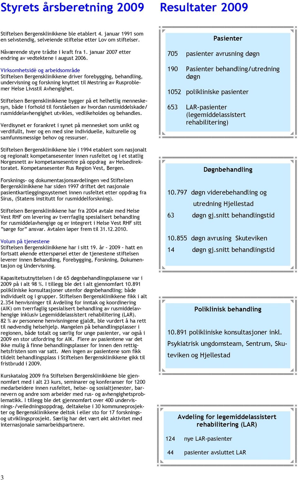 Virksomhetsidè og arbeidsområde Stiftelsen Bergensklinikkene driver forebygging, behandling, undervisning og forskning knyttet til Mestring av Rusproblemer Helse Livsstil Avhengighet.