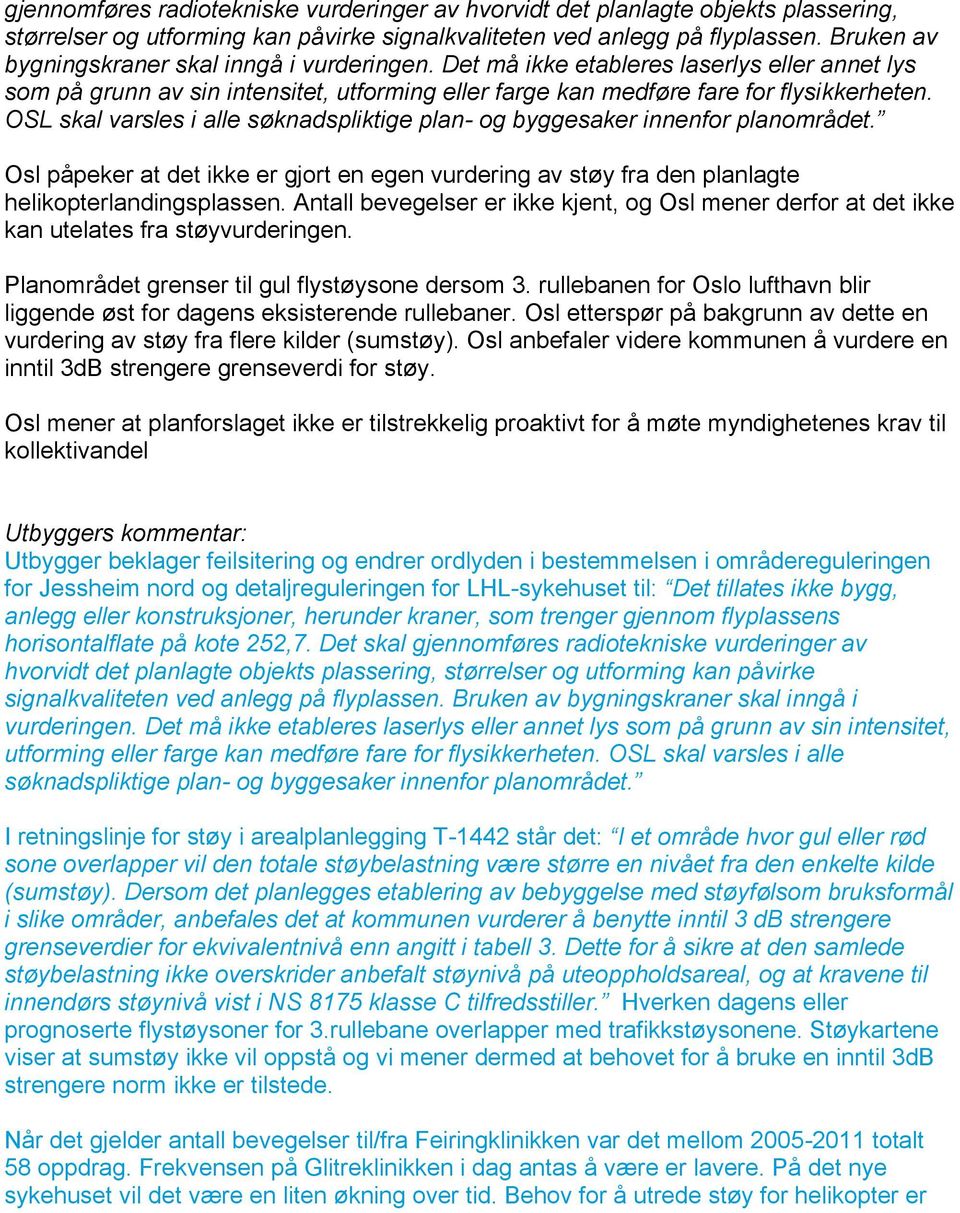OSL skal varsles i alle søknadspliktige plan- og byggesaker innenfor planområdet. Osl påpeker at det ikke er gjort en egen vurdering av støy fra den planlagte helikopterlandingsplassen.