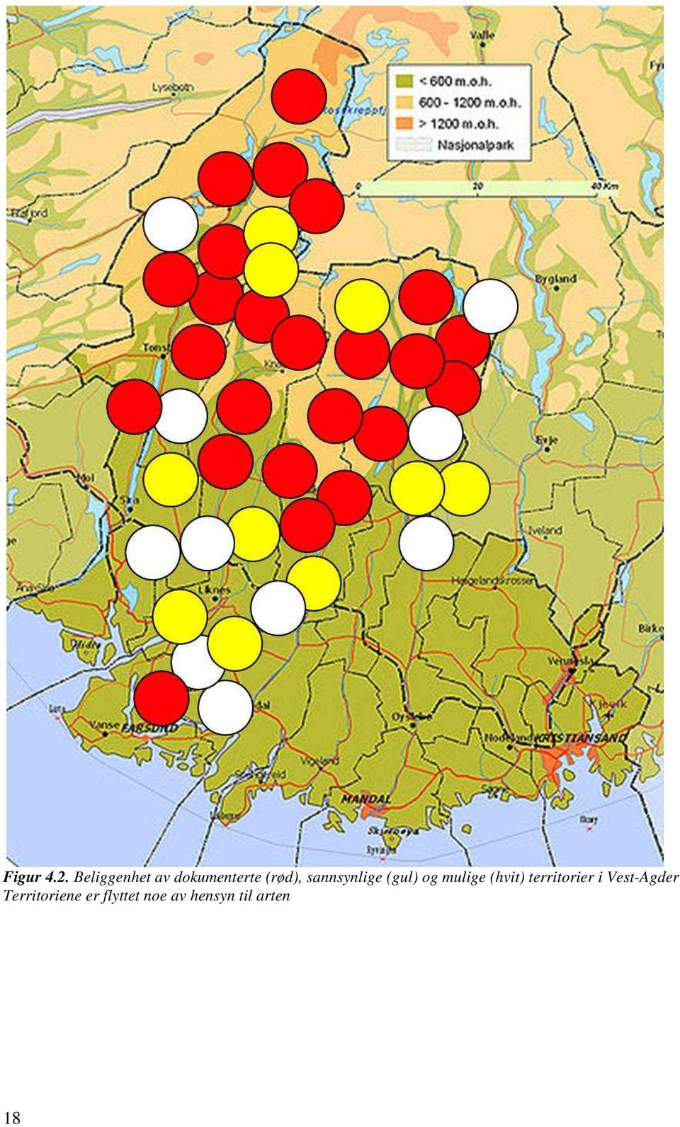 sannsynlige (gul) og mulige (hvit)