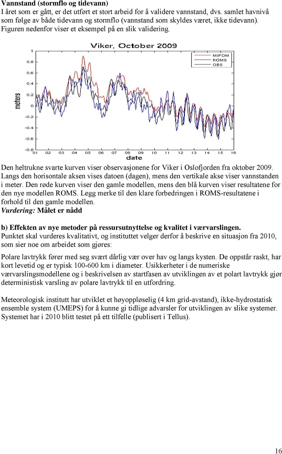 Den heltrukne svarte kurven viser observasjonene for Viker i Oslofjorden fra oktober 2009. Langs den horisontale aksen vises datoen (dagen), mens den vertikale akse viser vannstanden i meter.