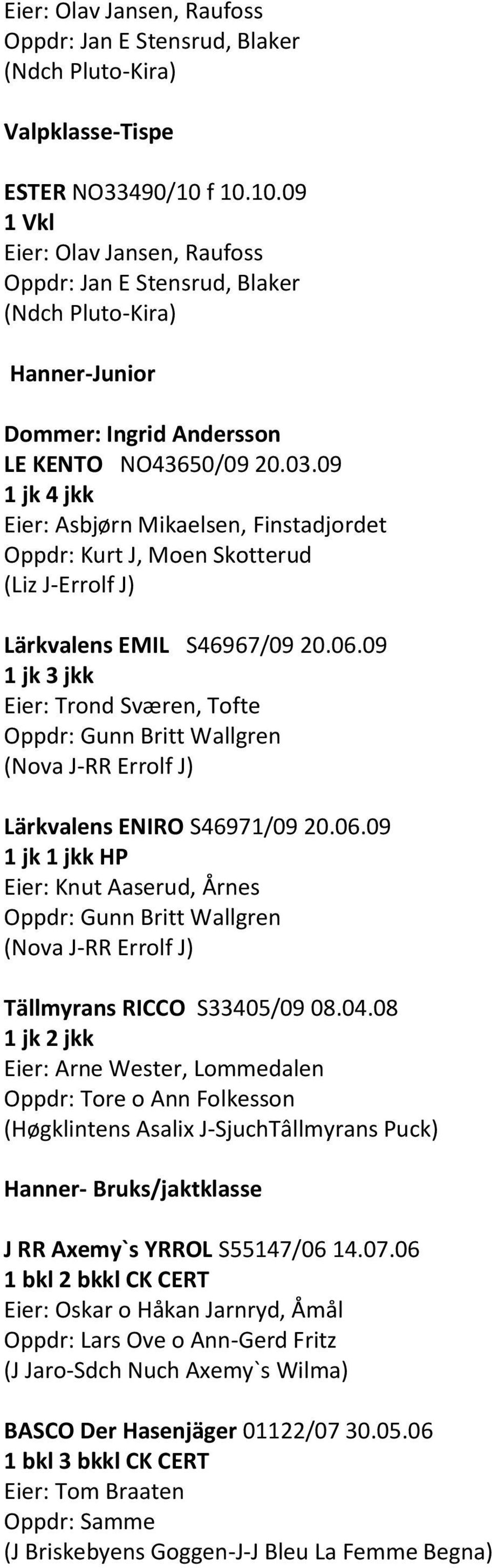 09 1 jk 4 jkk Eier: Asbjørn Mikaelsen, Finstadjordet Oppdr: Kurt J, Moen Skotterud (Liz J-Errolf J) Lärkvalens EMIL S46967/09 20.06.