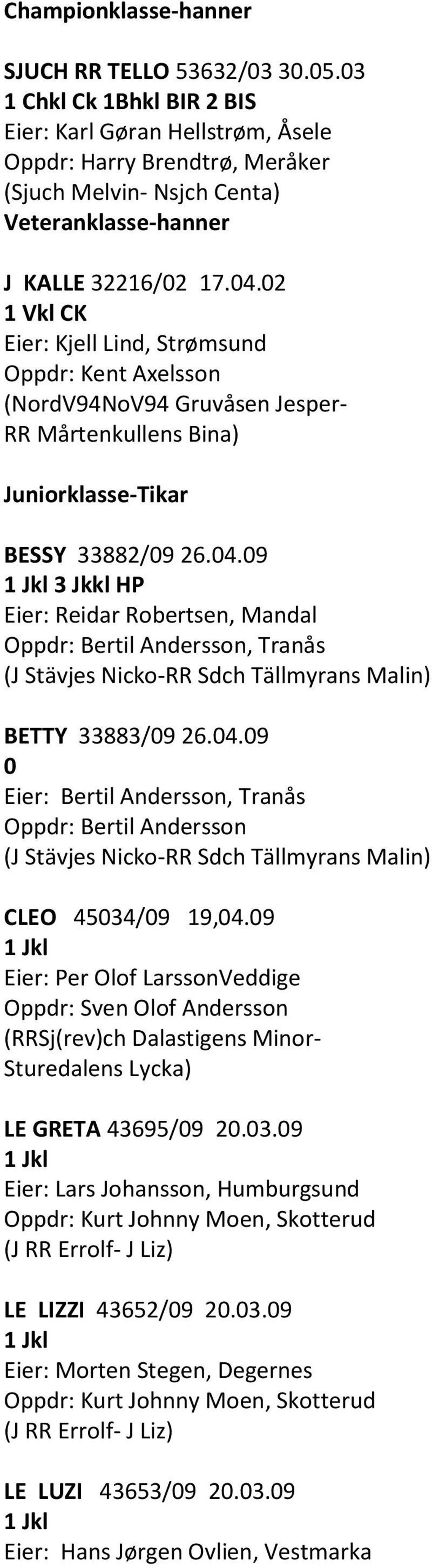 02 1 Vkl CK Eier: Kjell Lind, Strømsund Oppdr: Kent Axelsson (NordV94NoV94 Gruvåsen Jesper- RR Mårtenkullens Bina) Juniorklasse-Tikar BESSY 33882/09 26.04.