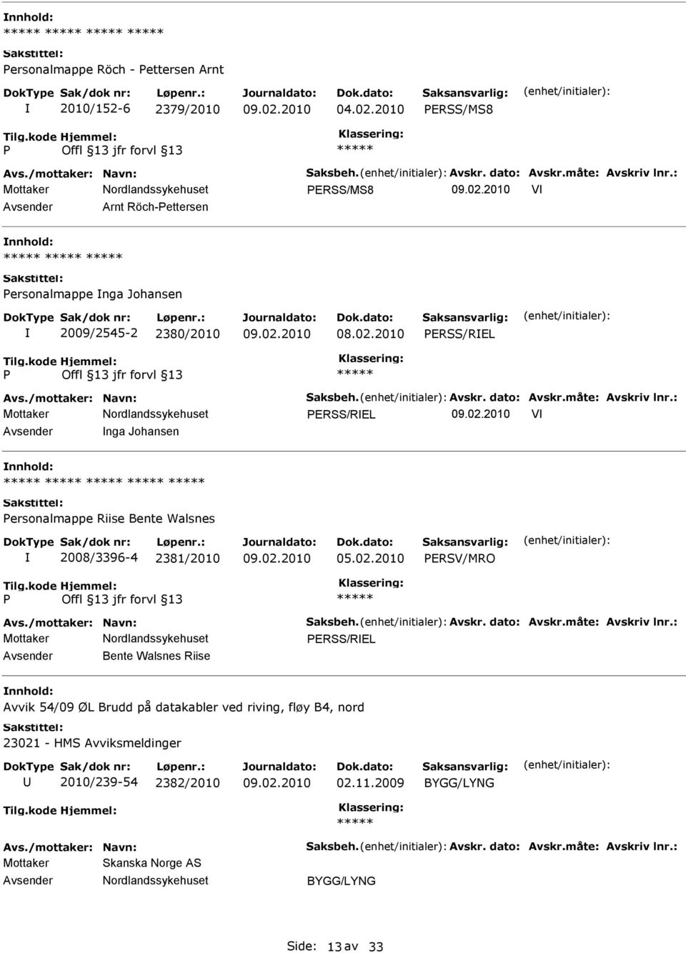 : Mottaker ERSS/REL V nga Johansen ersonalmappe Riise Bente Walsnes 2008/3396-4 2381/2010 ERSV/MRO Avs./mottaker: Navn: Saksbeh. Avskr. dato: Avskr.måte: Avskriv lnr.