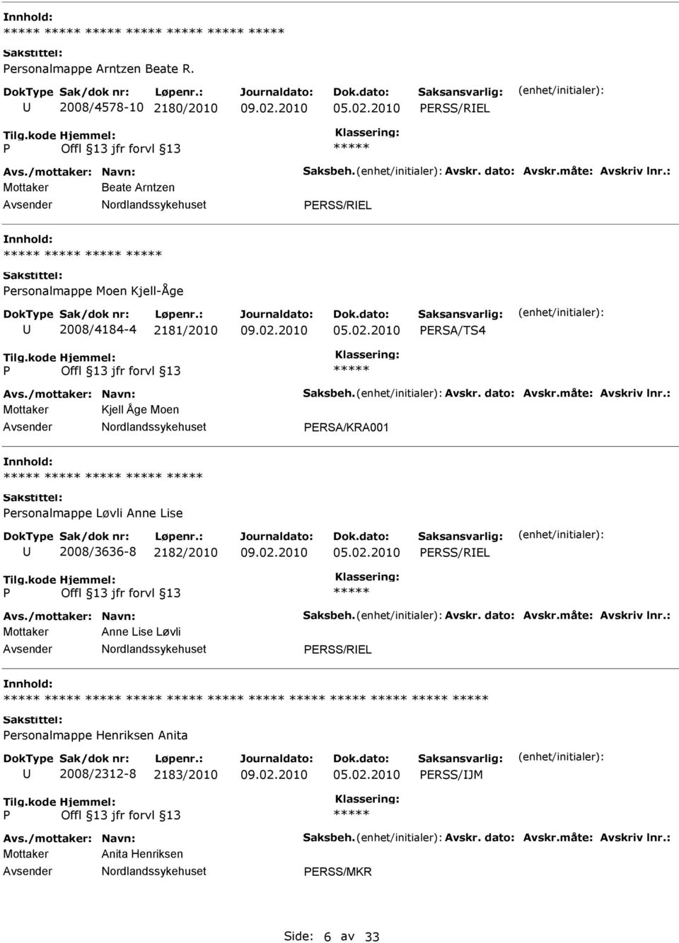: Mottaker Kjell Åge Moen ERSA/KRA001 ersonalmappe Løvli Anne Lise 2008/3636-8 2182/2010 ERSS/REL Avs./mottaker: Navn: Saksbeh. Avskr. dato: Avskr.måte: Avskriv lnr.