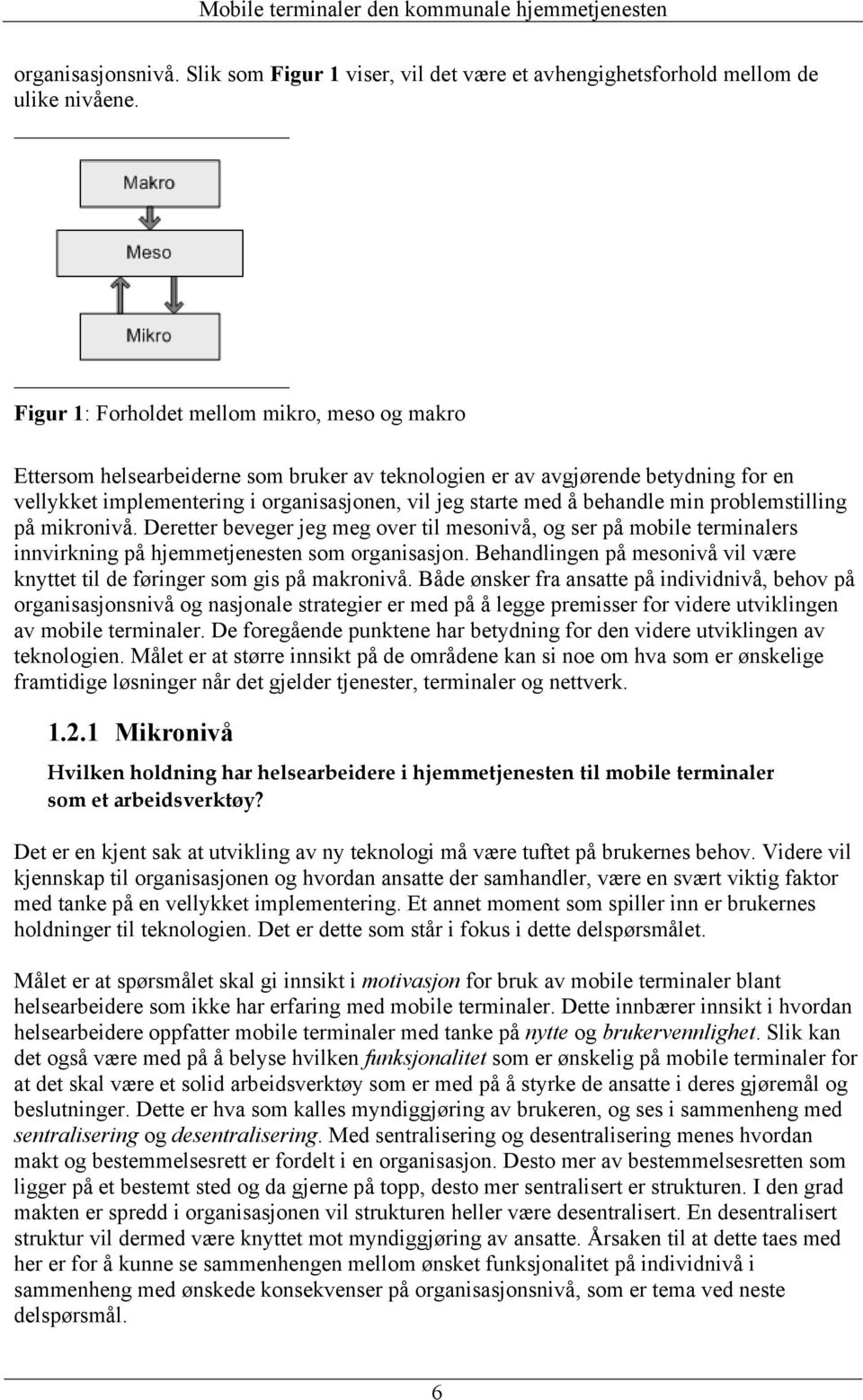 behandle min problemstilling på mikronivå. Deretter beveger jeg meg over til mesonivå, og ser på mobile terminalers innvirkning på hjemmetjenesten som organisasjon.