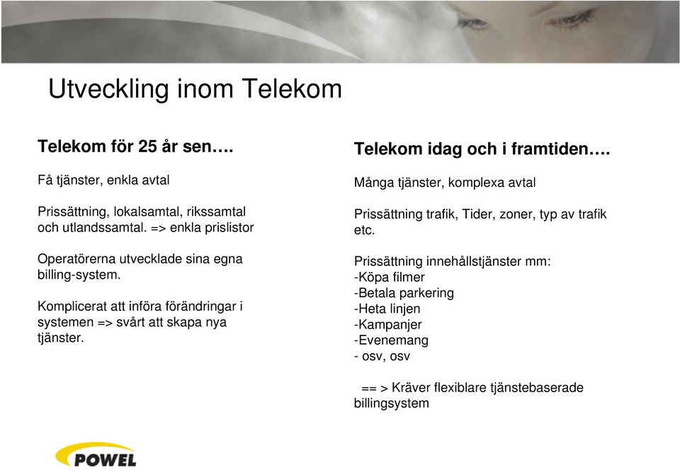 Komplicerat att införa förändringar i systemen => svårt att skapa nya tjänster. Telekom idag och i framtiden.