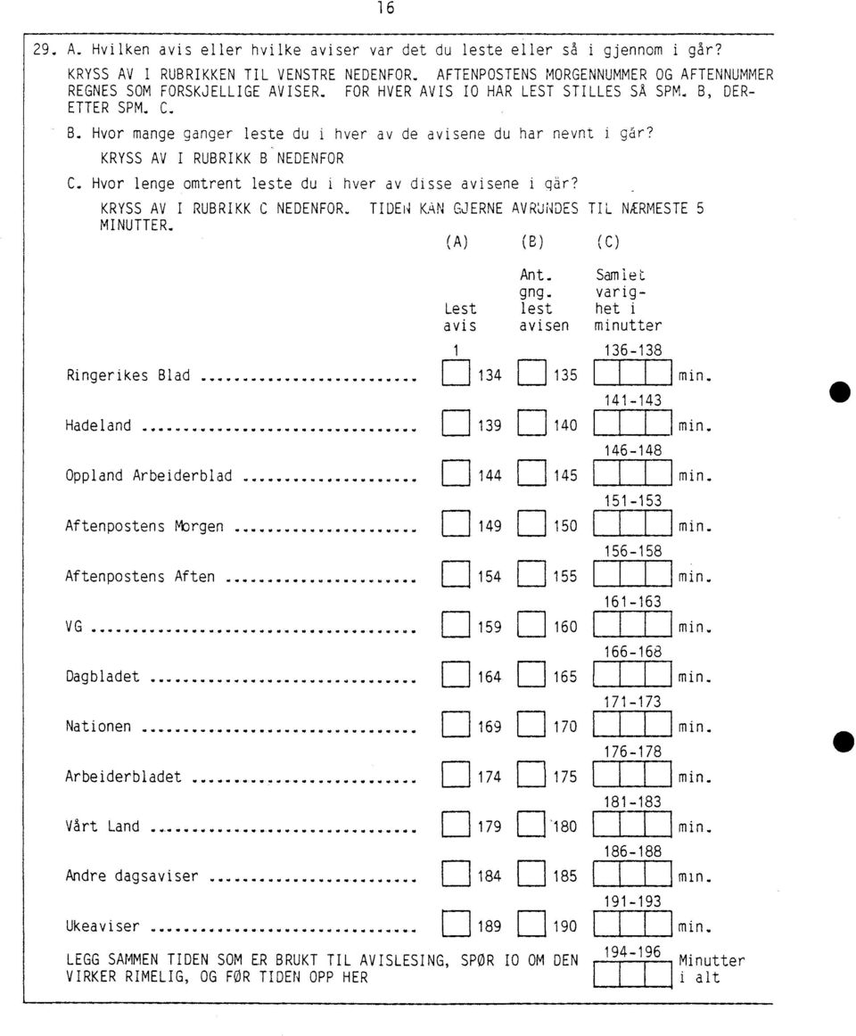 Hvor lenge omtrent leste du i hver av disse avisene i gär? KRYSS AV I RUBRIKK C NEDENFOR. TIDEN KAN GJERNE AVRUNDES TIL NÆRMESTE 5 MINUTTER. (A) (B) (C) Lest avis Ringerikes Blad 34 Hadeland......... F--].