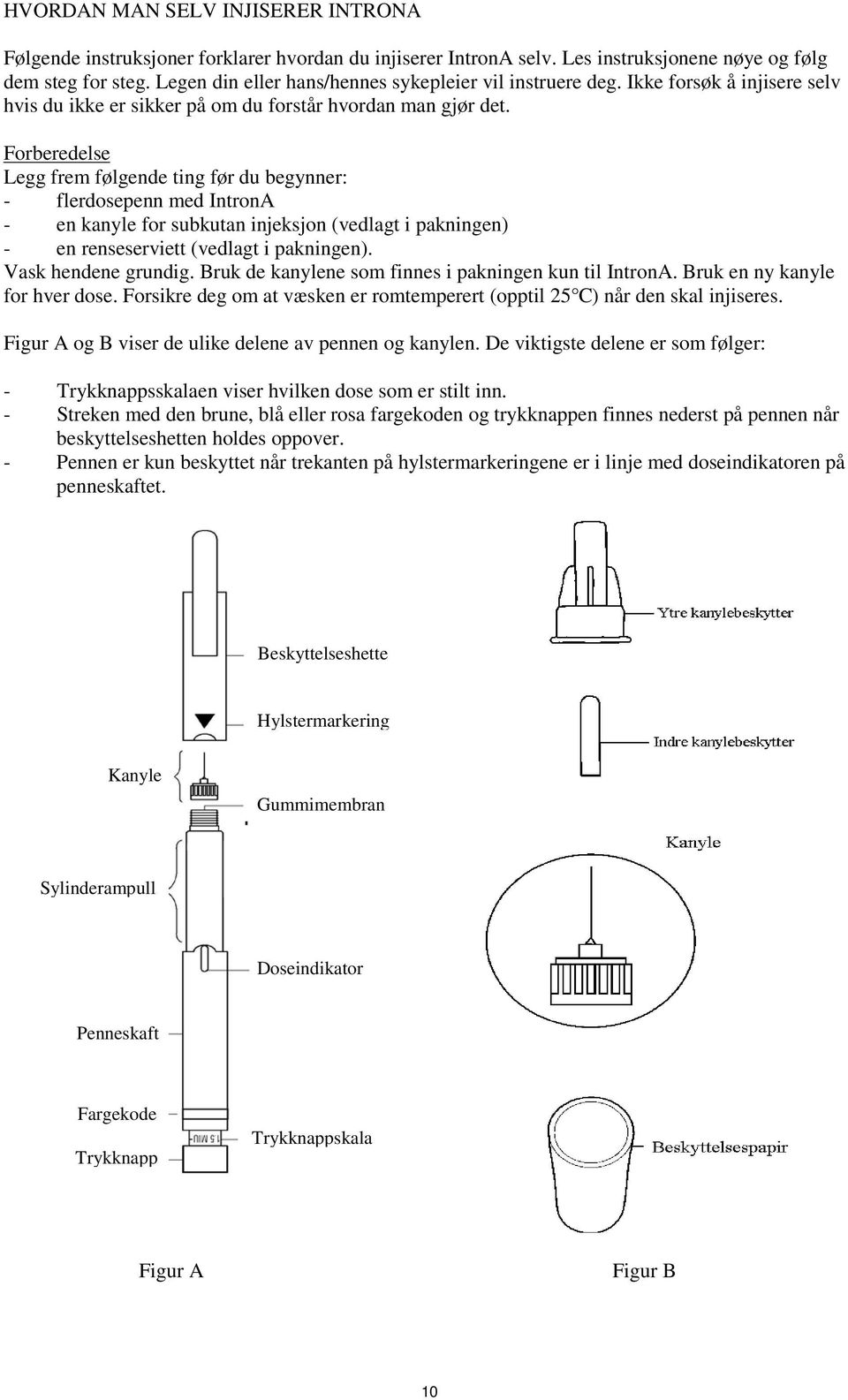 Forberedelse Legg frem følgende ting før du begynner: - flerdosepenn med IntronA - en kanyle for subkutan injeksjon (vedlagt i pakningen) - en renseserviett (vedlagt i pakningen).