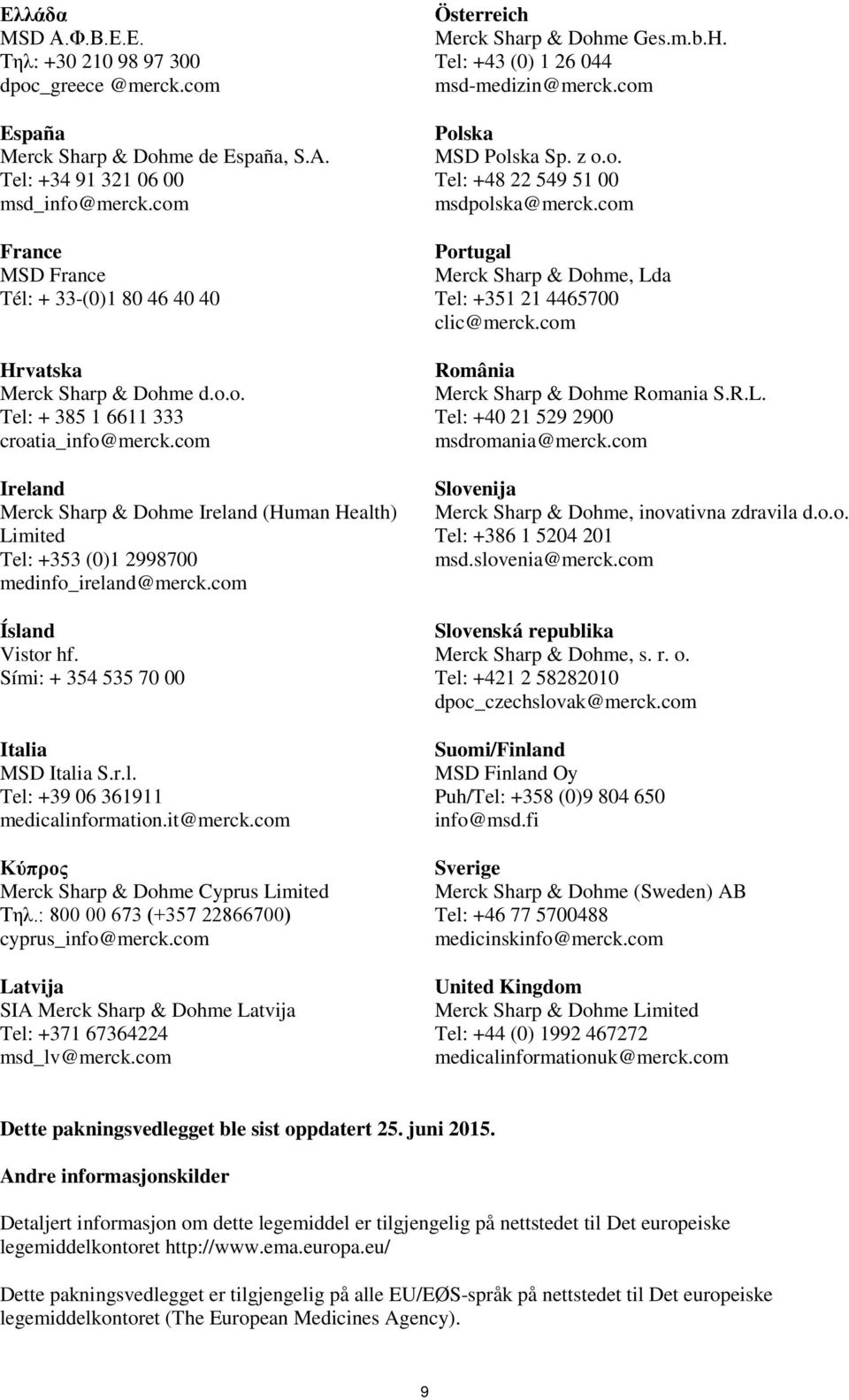 com Ireland Merck Sharp & Dohme Ireland (Human Health) Limited Tel: +353 (0)1 2998700 medinfo_ireland@merck.com Ísland Vistor hf. Sími: + 354 535 70 00 Italia MSD Italia S.r.l. Tel: +39 06 361911 medicalinformation.