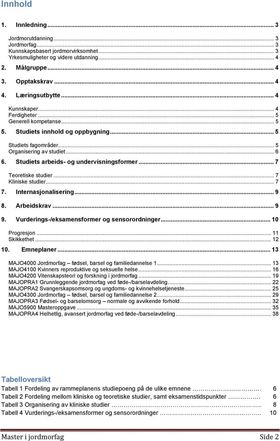 Studiets arbeids- og undervisningsformer... 7 Teoretiske studier... 7 Kliniske studier... 7 7. Internasjonalisering... 9 8. Arbeidskrav... 9 9. Vurderings-/eksamensformer og sensorordninger.