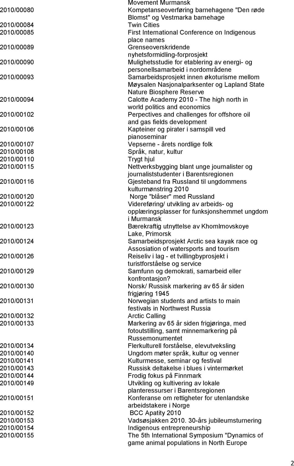 mellom Møysalen Nasjonalparksenter og Lapland State Nature Biosphere Reserve 2010/00094 Calotte Academy 2010 - The high north in world politics and economics 2010/00102 Perpectives and challenges for