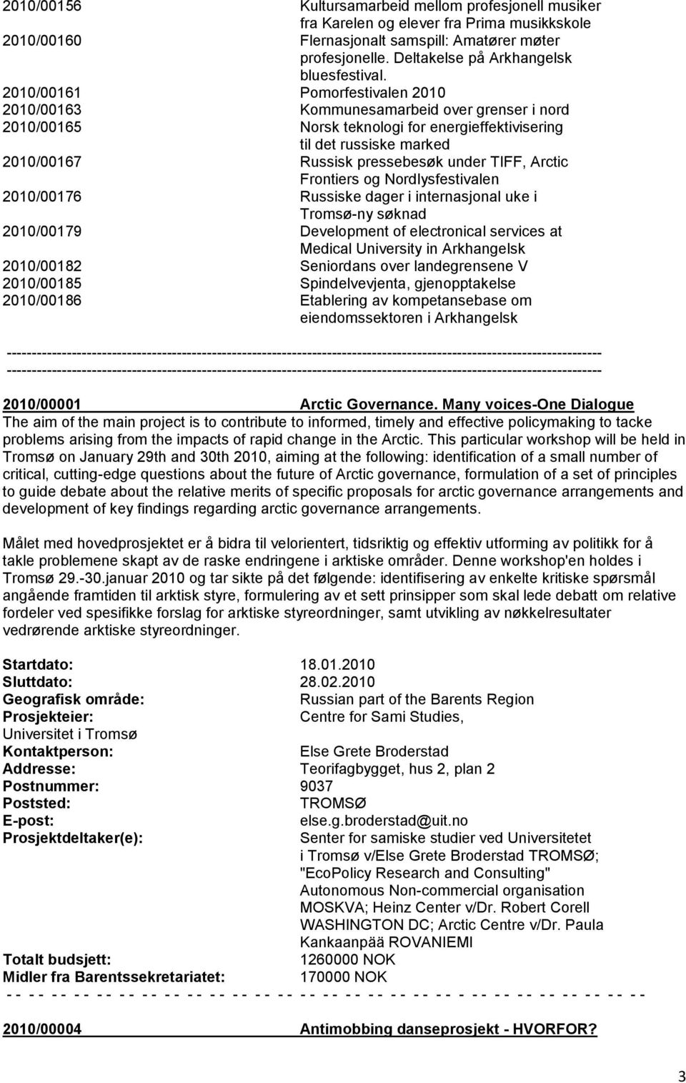 2010/00161 Pomorfestivalen 2010 2010/00163 Kommunesamarbeid over grenser i nord 2010/00165 Norsk teknologi for energieffektivisering til det russiske marked 2010/00167 Russisk pressebesøk under TIFF,
