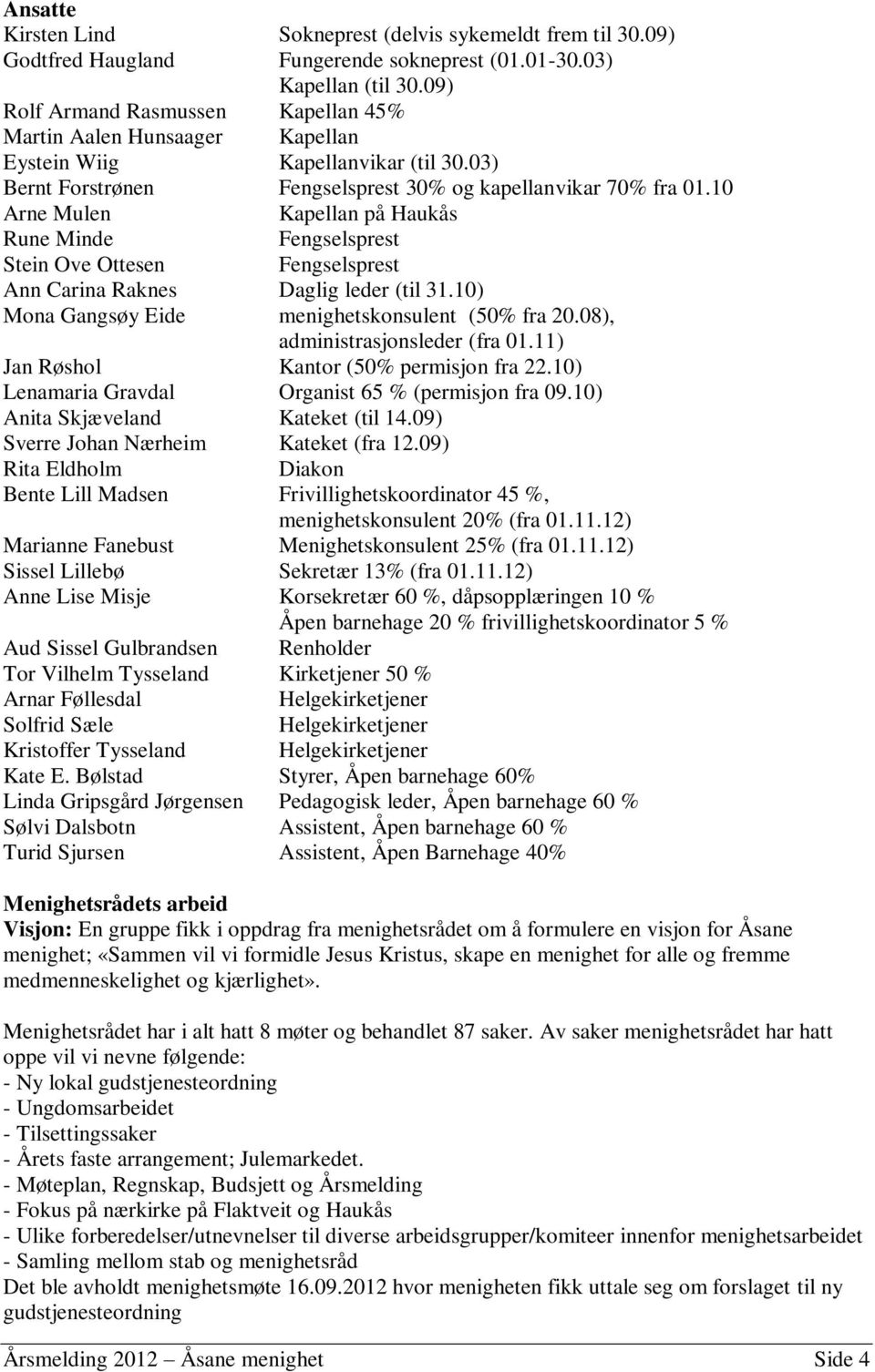 10 Arne Mulen Kapellan på Haukås Rune Minde Fengselsprest Stein Ove Ottesen Fengselsprest Ann Carina Raknes Daglig leder (til 31.10) Mona Gangsøy Eide menighetskonsulent (50% fra 20.