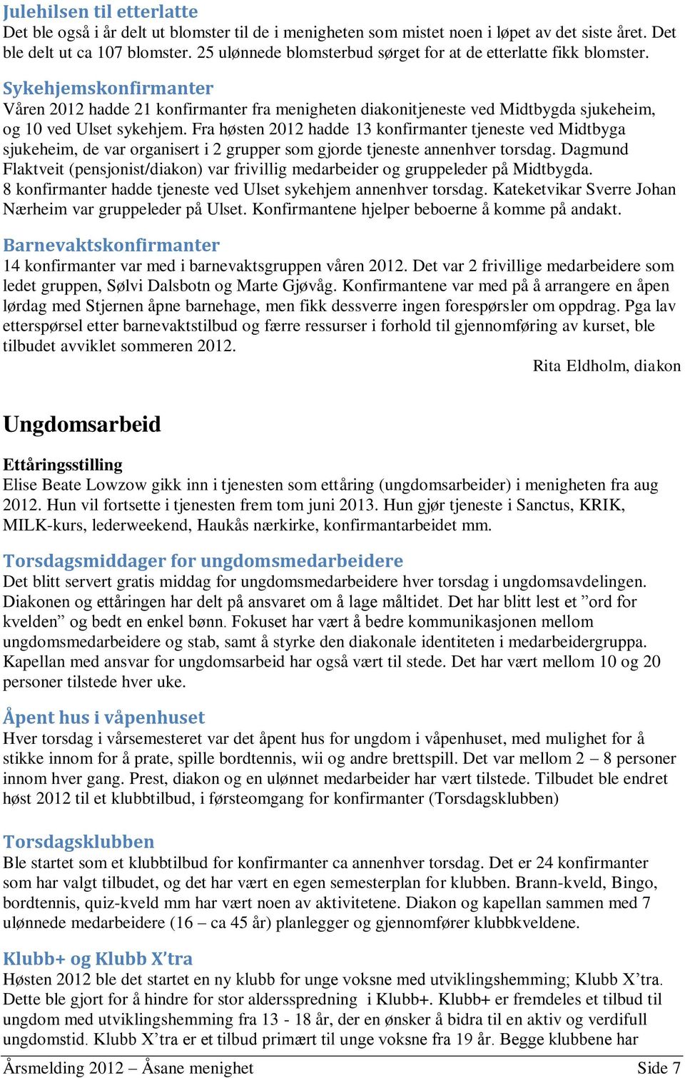 Sykehjemskonfirmanter Våren 2012 hadde 21 konfirmanter fra menigheten diakonitjeneste ved Midtbygda sjukeheim, og 10 ved Ulset sykehjem.