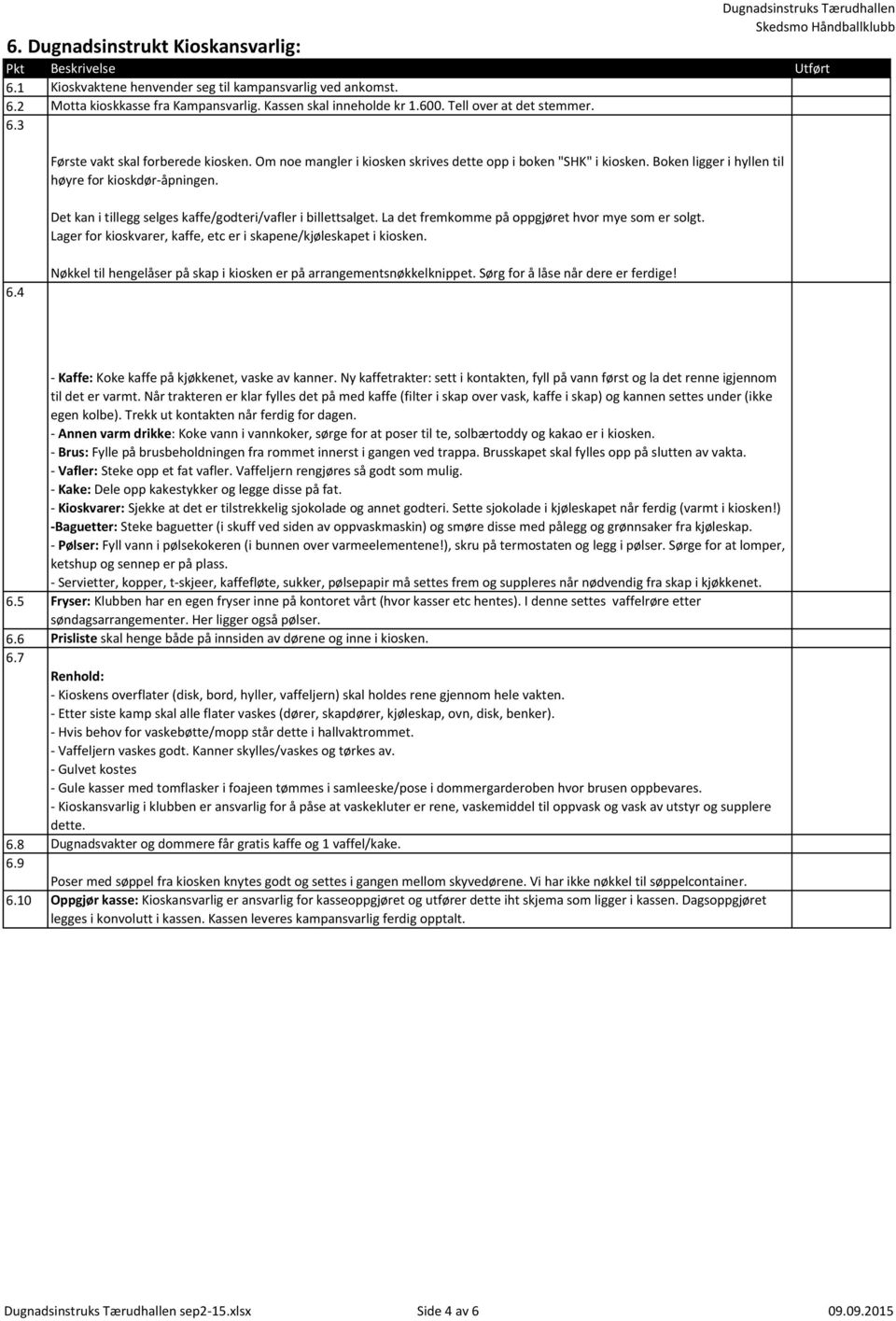 La det fremkomme på oppgjøret hvor mye som er solgt. Lager for kioskvarer, kaffe, etc er i skapene/kjøleskapet i kiosken. 6.4 Nøkkel til hengelåser på skap i kiosken er på arrangementsnøkkelknippet.