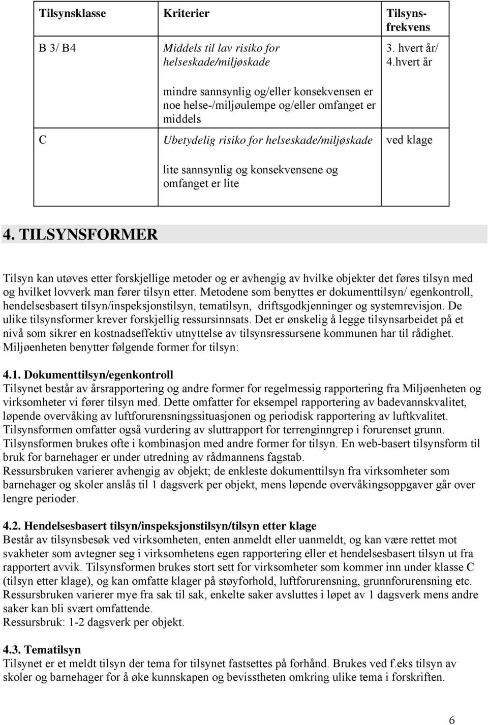 lite ved klage 4. TILSYNSFORMER Tilsyn kan utøves etter forskjellige metoder og er avhengig av hvilke objekter det føres tilsyn med og hvilket lovverk man fører tilsyn etter.