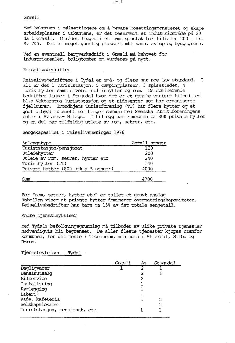 Ved en eventuell bergverksdrift i Grasli må behovet for industriarealer, boligtomter mm vurderes på nytt. Reiselivsbedrifter Reiselivsbedriftene i Tydal er små, og flere har noe lav standard.