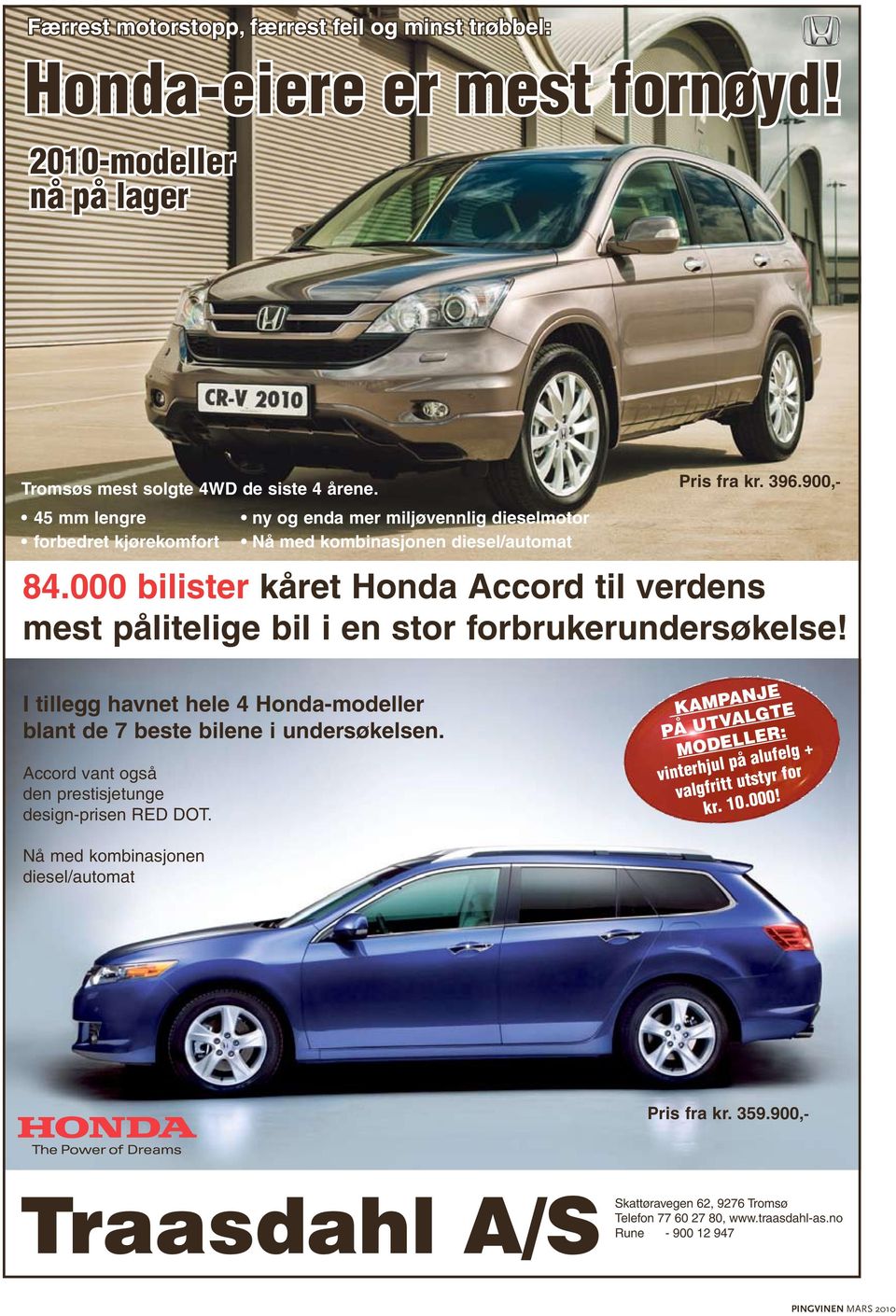 000 bilister kåret Honda Accord til verdens mest pålitelige bil i en stor forbrukerundersøkelse! I tillegg havnet hele 4 Honda-modeller blant de 7 beste bilene i undersøkelsen.