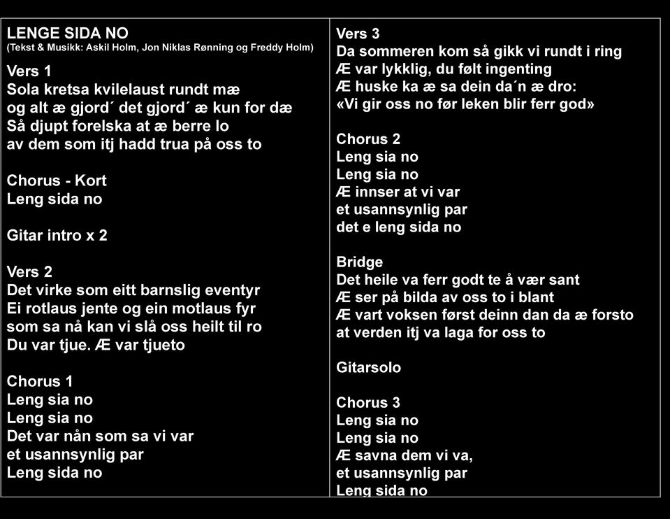 Æ var tjueto Chorus 1 Det var nån som sa vi var et usannsynlig par Leng sida no Vers 3 Da sommeren kom så gikk vi rundt i ring Æ var lykklig, du følt ingenting Æ huske ka æ sa dein da n æ dro: «Vi