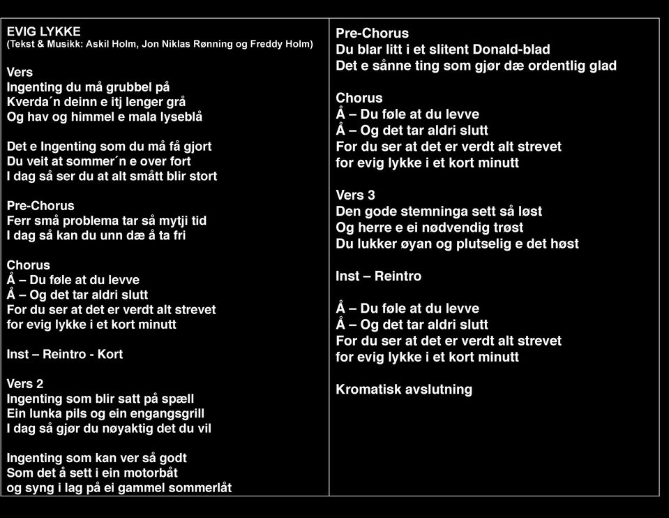 lykke i et kort minutt Inst Reintro - Kort Vers 2 Ingenting som blir satt på spæll Ein lunka pils og ein engangsgrill I dag så gjør du nøyaktig det du vil Ingenting som kan ver så godt Som det å sett