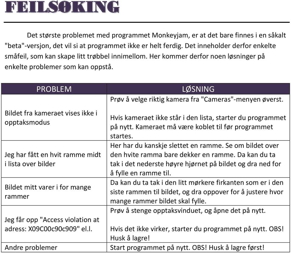 PROBLEM Bildet fra kameraet vises ikke i opptaksmodus Jeg har fått en hvit ramme midt i lista over bilder Bildet mitt varer i for mange rammer Jeg får opp "Access violation at adress: X09C00c90c909"