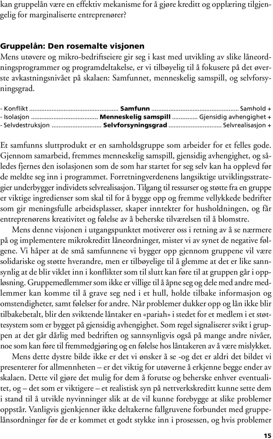 avkastningsnivået på skalaen: Samfunnet, menneskelig samspill, og selvforsyningsgrad. - Konflikt... Samfunn... Samhold + - Isolasjon... Menneskelig samspill... Gjensidig avhengighet + - Selvdestruksjon.