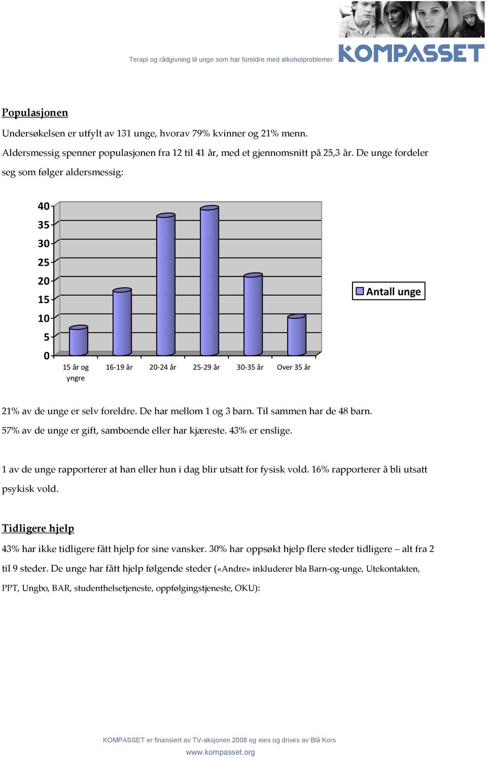 Til sammen har de 48 barn. 57% av de unge er gift, samboende eller har kjæreste. 43% er enslige. 1 av de unge rapporterer at han eller hun i dag blir utsatt for fysisk vold.