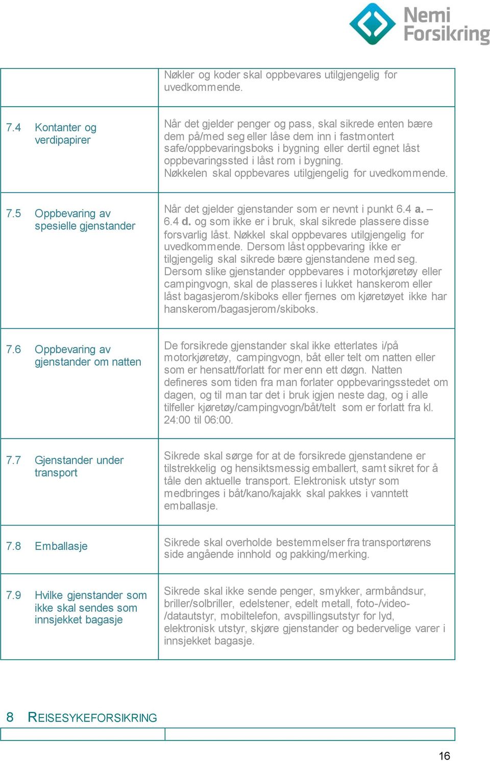 oppbevaringssted i låst rom i bygning. Nøkkelen skal oppbevares utilgjengelig for uvedkommende. 7.5 Oppbevaring av spesielle gjenstander Når det gjelder gjenstander som er nevnt i punkt 6.4 a. 6.4 d.