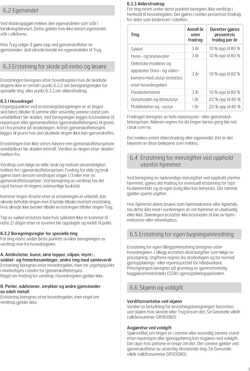 3 Erstatning for skade på innbo og løsøre Erstatningen beregnes etter hovedregelen hvis de skadede tingene ikke er omtalt i punkt 6.3.2 om beregningsregler for spesielle ting, eller punkt 6.3.3 om aldersfradrag.