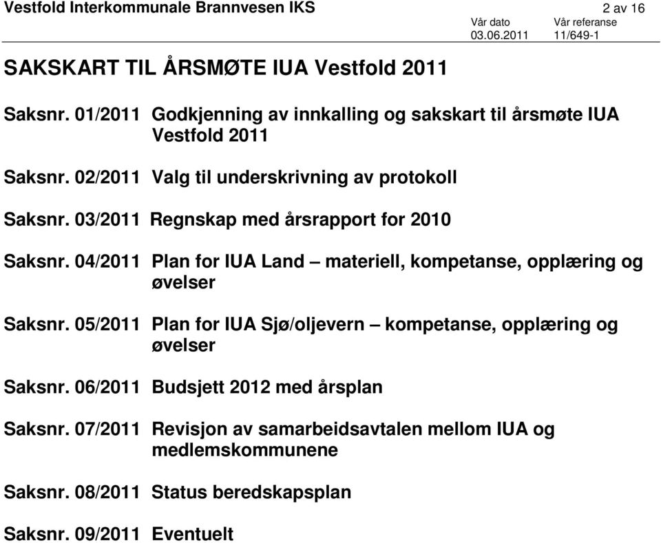 03/2011 Regnskap med årsrapport for 2010 Saksnr. 04/2011 Plan for IUA Land materiell, kompetanse, opplæring og øvelser Saksnr.