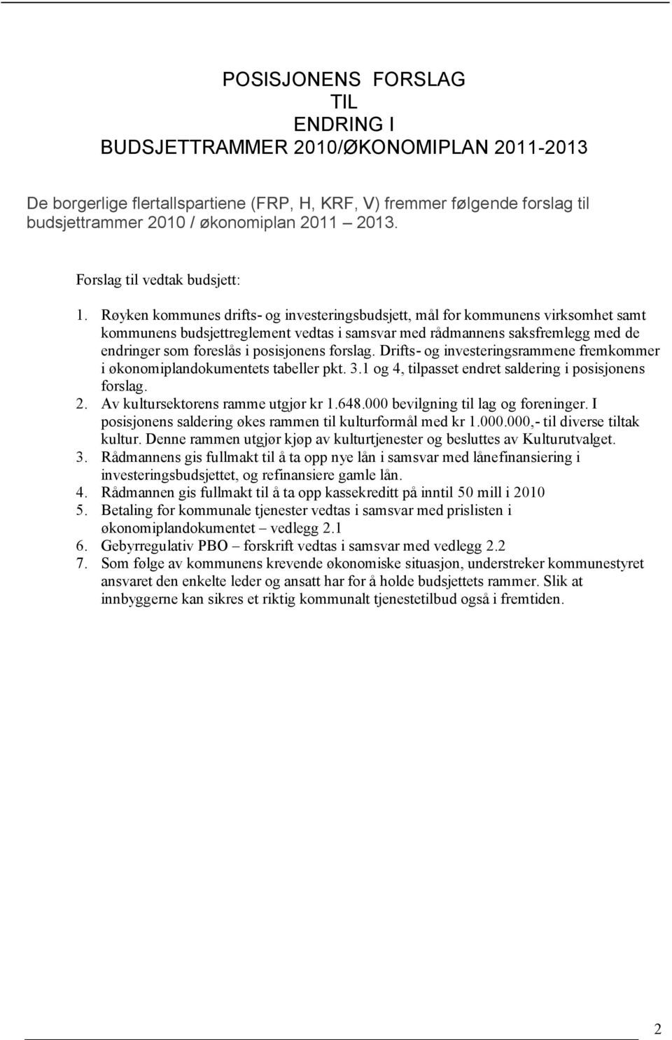 Røyken kommunes drifts- og investeringsbudsjett, mål for kommunens virksomhet samt kommunens budsjettreglement vedtas i samsvar med rådmannens saksfremlegg med de endringer som foreslås i posisjonens