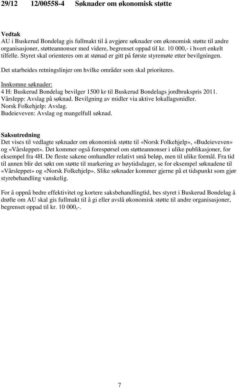 Innkomne søknader: 4 H: Buskerud Bondelag bevilger 1500 kr til Buskerud Bondelags jordbrukspris 2011. Vårslepp: Avslag på søknad. Bevilgning av midler via aktive lokallagsmidler.