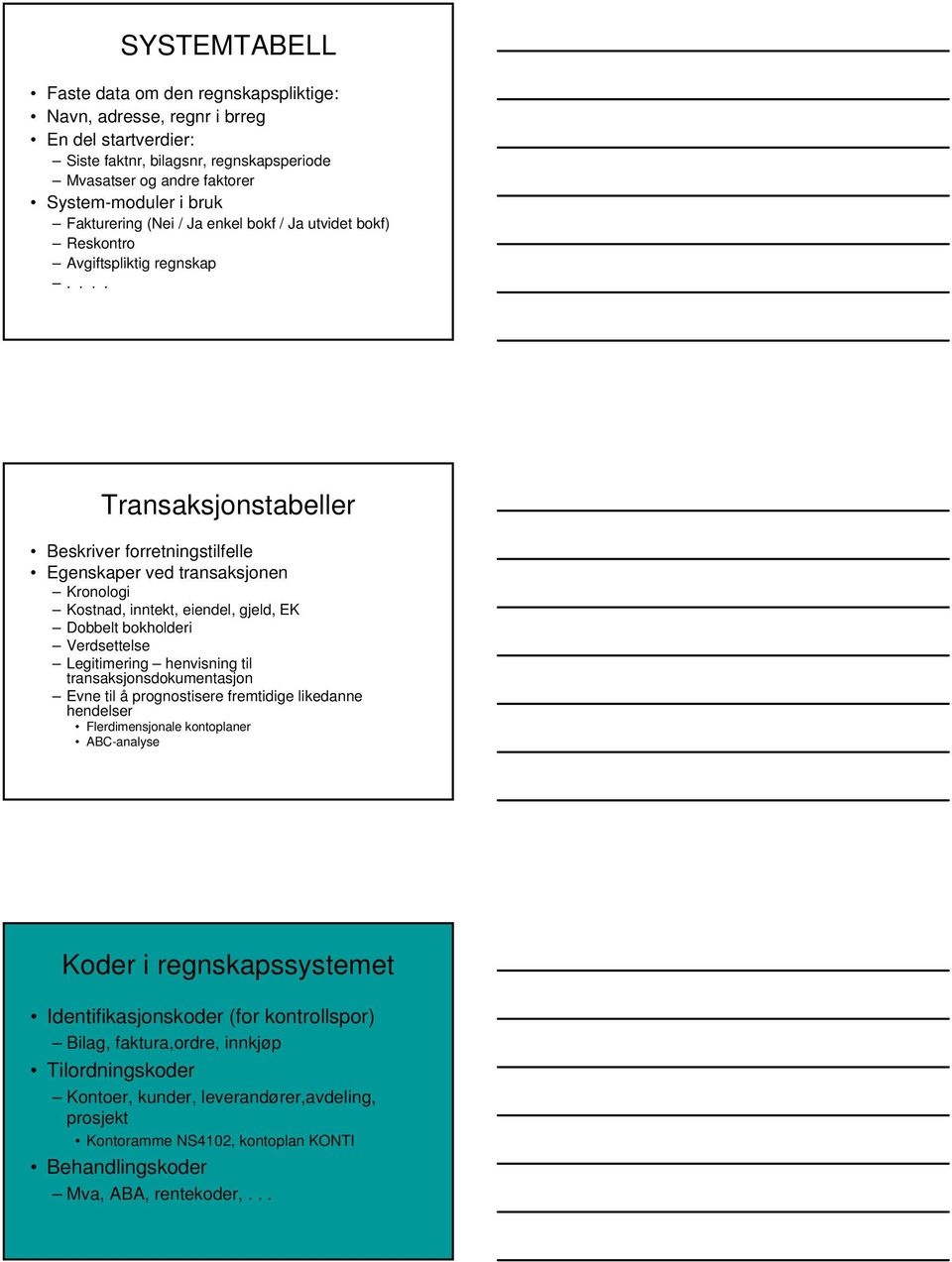 ... Transaksjonstabeller Beskriver forretningstilfelle Egenskaper ved transaksjonen Kronologi Kostnad, inntekt, eiendel, gjeld, EK Dobbelt bokholderi Verdsettelse Legitimering henvisning til