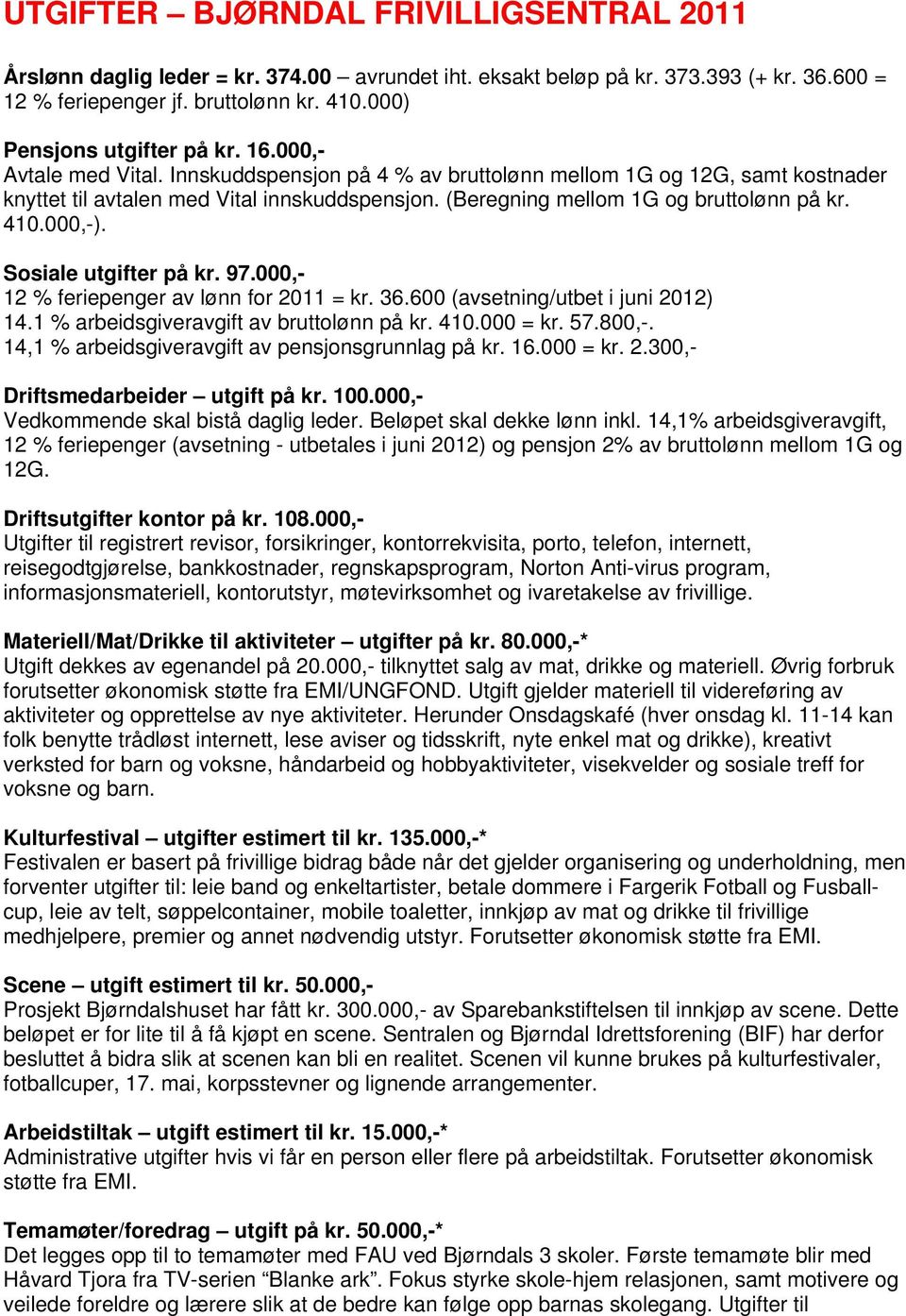 (Beregning mellom 1G og bruttolønn på kr. 410.000,-). Sosiale utgifter på kr. 97.000,- 12 % feriepenger av lønn for 2011 = kr. 36.600 (avsetning/utbet i juni 2012) 14.