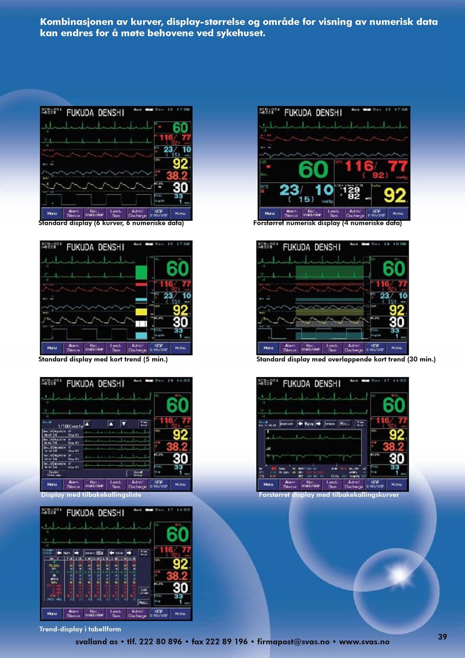 Standard display (6 kurver, 6 numeriske data) Forstørret numerisk display (4 numeriske data) Standard