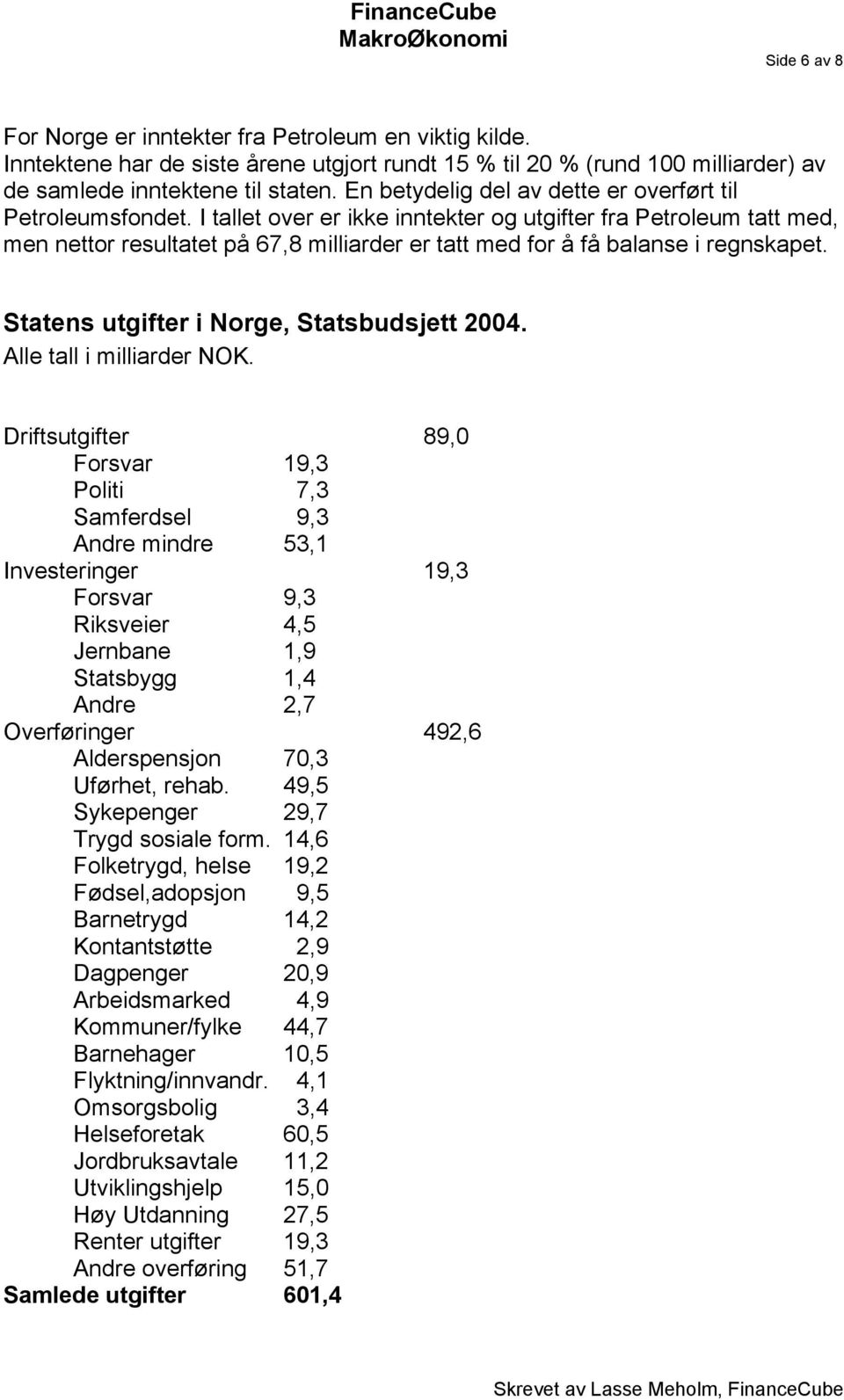 I tallet over er ikke inntekter og utgifter fra Petroleum tatt med, men nettor resultatet på 67,8 milliarder er tatt med for å få balanse i regnskapet. Statens utgifter i Norge, Statsbudsjett 2004.