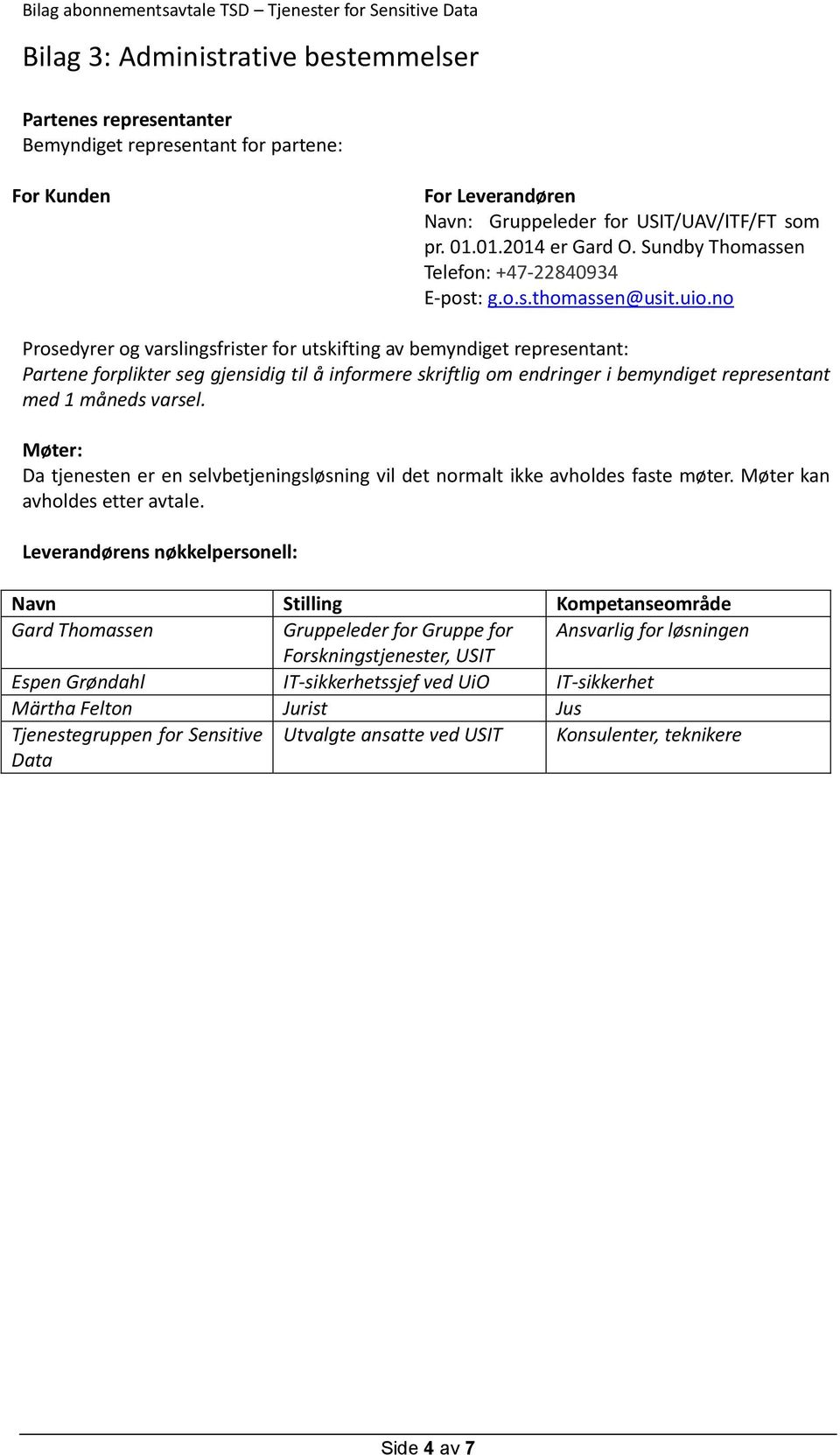 no Prosedyrer og varslingsfrister for utskifting av bemyndiget representant: Partene forplikter seg gjensidig til å informere skriftlig om endringer i bemyndiget representant med 1 måneds varsel.