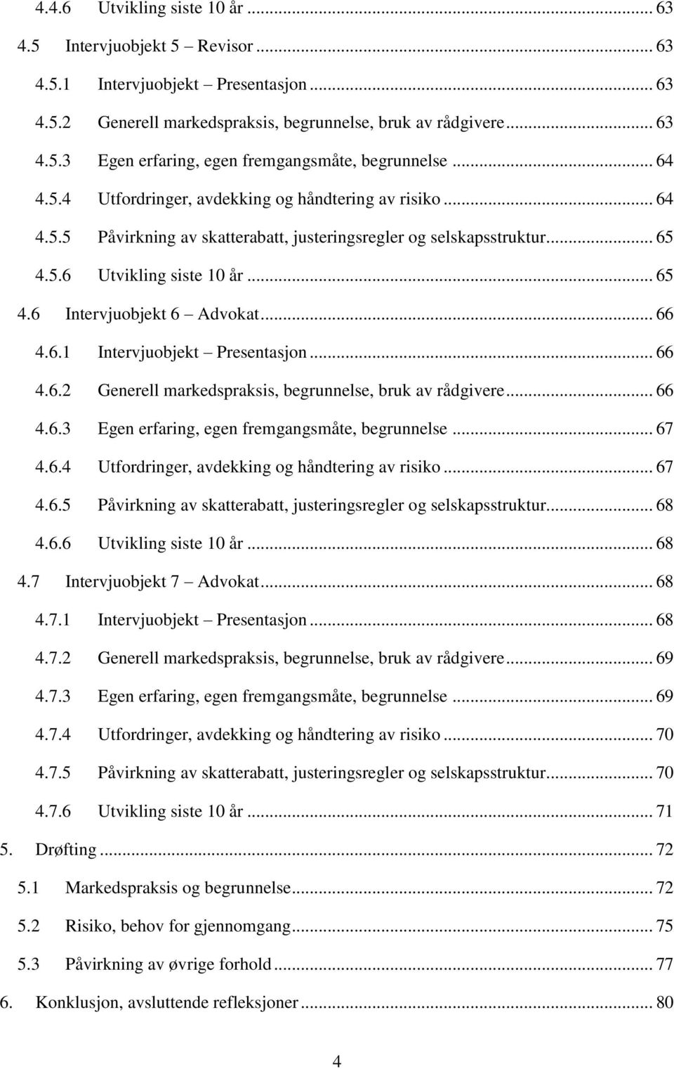 .. 66 4.6.1 Intervjuobjekt Presentasjon... 66 4.6.2 Generell markedspraksis, begrunnelse, bruk av rådgivere... 66 4.6.3 Egen erfaring, egen fremgangsmåte, begrunnelse... 67 4.6.4 Utfordringer, avdekking og håndtering av risiko.