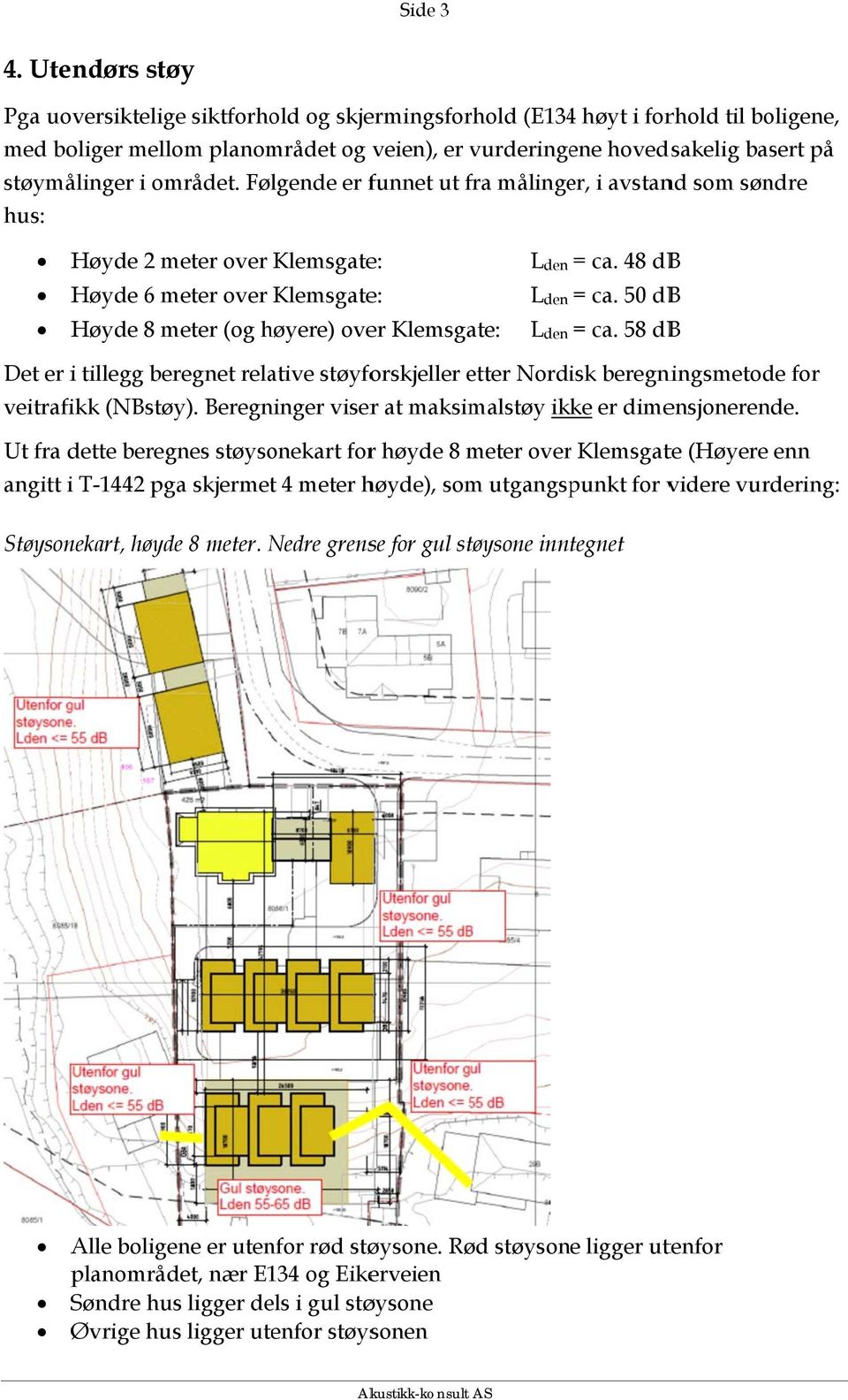 området. Følgende er funnet ut fra målinger, i avstand som søndre hus: Høyde 2 meter over Klemsgate: Høyde 6 meter over Klemsgate: Høyde 8 meter (og høyere) over Klemsgate: L den L den L den = ca.