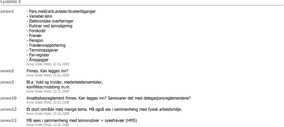 Fraværsrapportering - Terminoppgaver - Pai-register - Årsoppgjør Finnes. Kan legges inn? Bl.a. Vold og trusler, medarbeidersamtaler, konflikter/mobbing m.