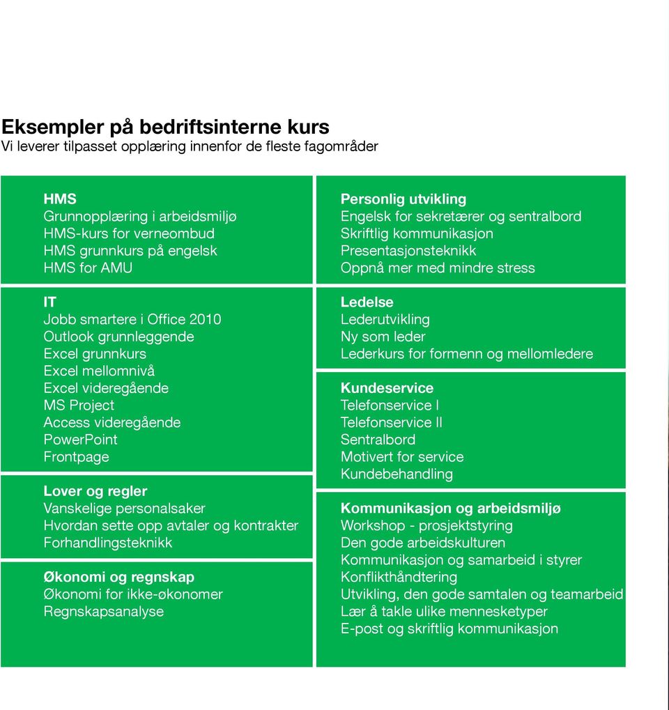 sette opp avtaler og kontrakter Forhandlingsteknikk Økonomi og regnskap Økonomi for ikke-økonomer Regnskapsanalyse Personlig utvikling Engelsk for sekretærer og sentralbord Skriftlig kommunikasjon