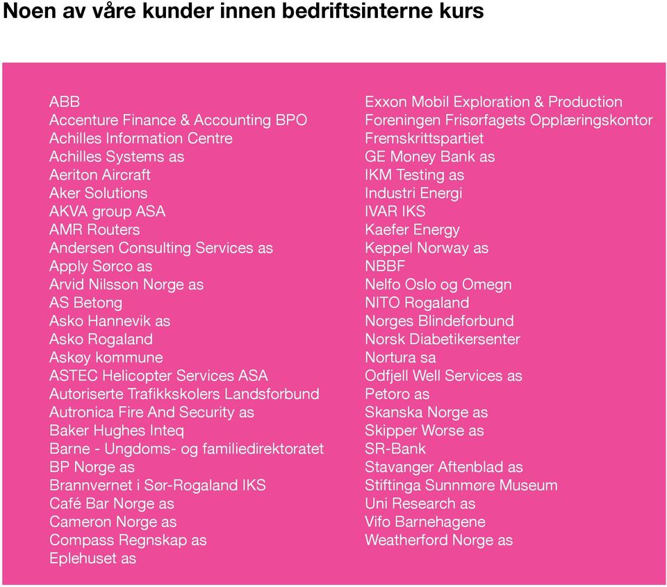 Autronica Fire And Security as Baker Hughes Inteq Barne - Ungdoms- og familiedirektoratet BP Norge as Brannvernet i Sør-Rogaland IKS Café Bar Norge as Cameron Norge as Compass Regnskap as Eplehuset