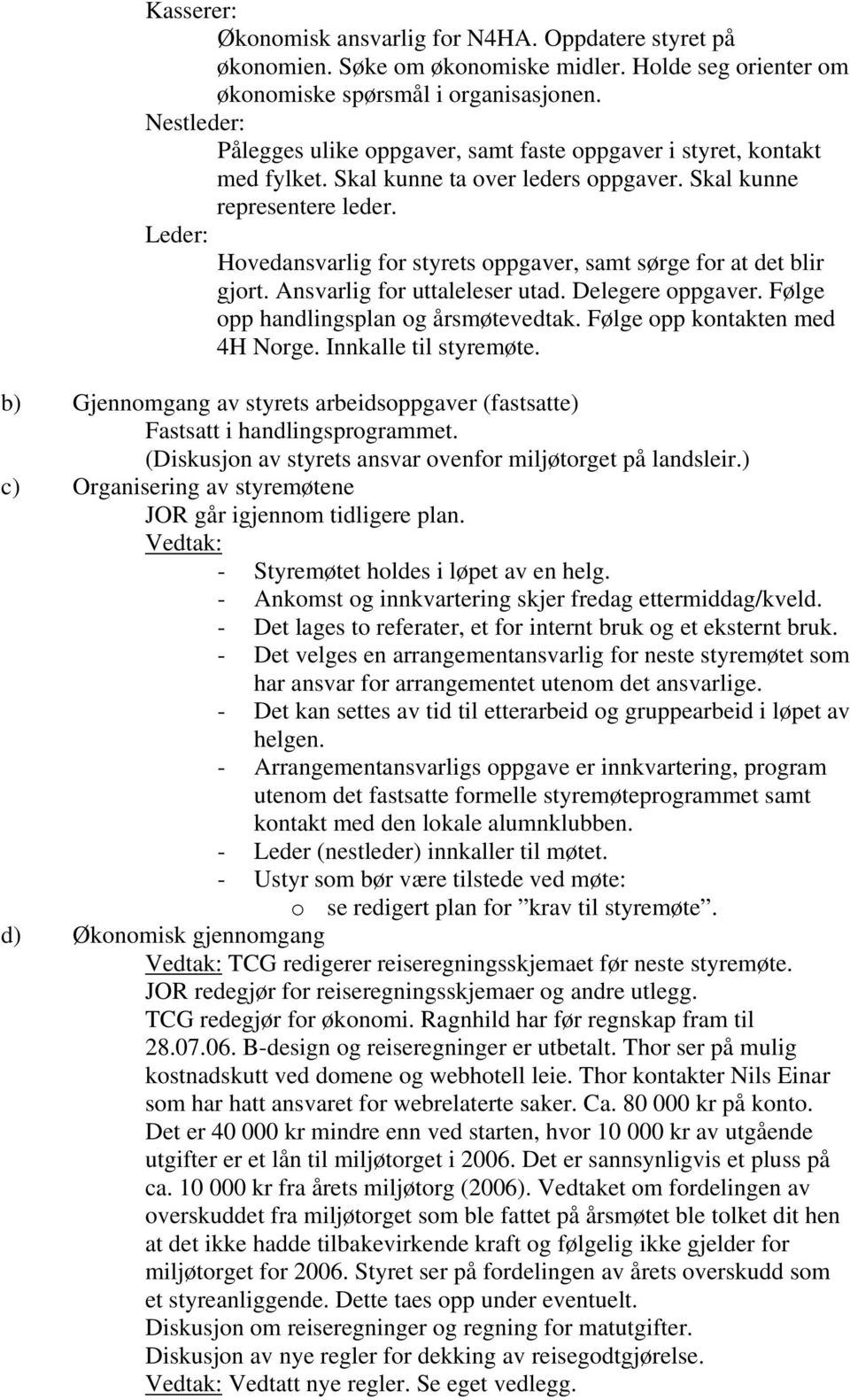 Leder: Hovedansvarlig for styrets oppgaver, samt sørge for at det blir gjort. Ansvarlig for uttaleleser utad. Delegere oppgaver. Følge opp handlingsplan og årsmøtevedtak.