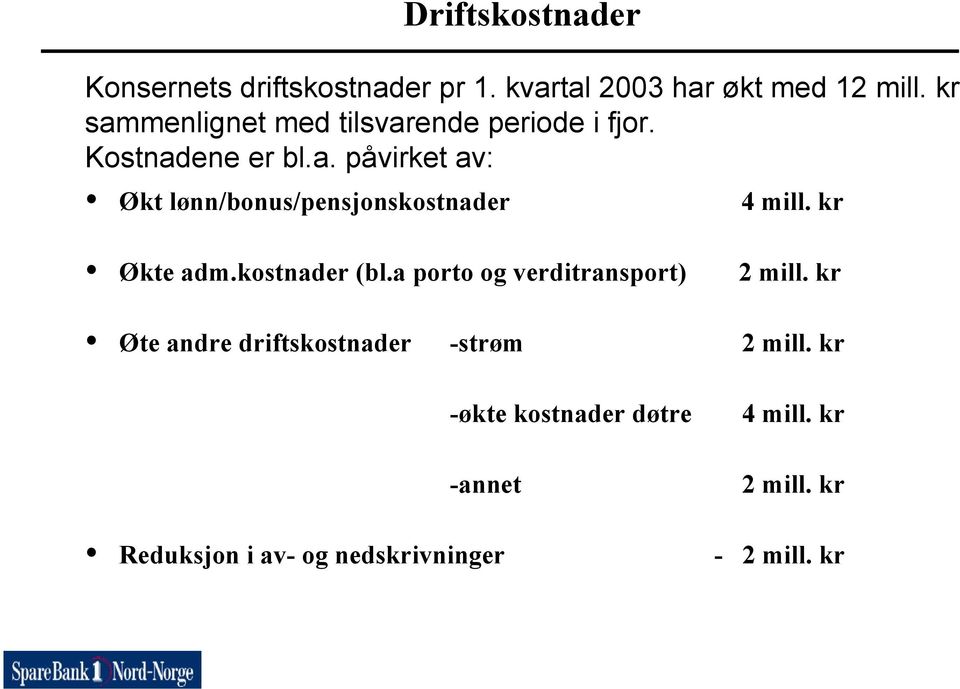 kr Økte adm.kostnader (bl.a porto og verditransport) 2 mill.